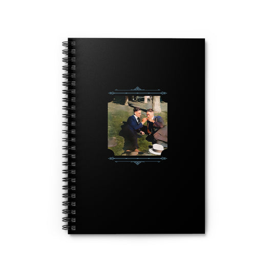 Spiral notebook with vintage photo of two men in 1940s Central Park, sharing a cigarette and a smile.