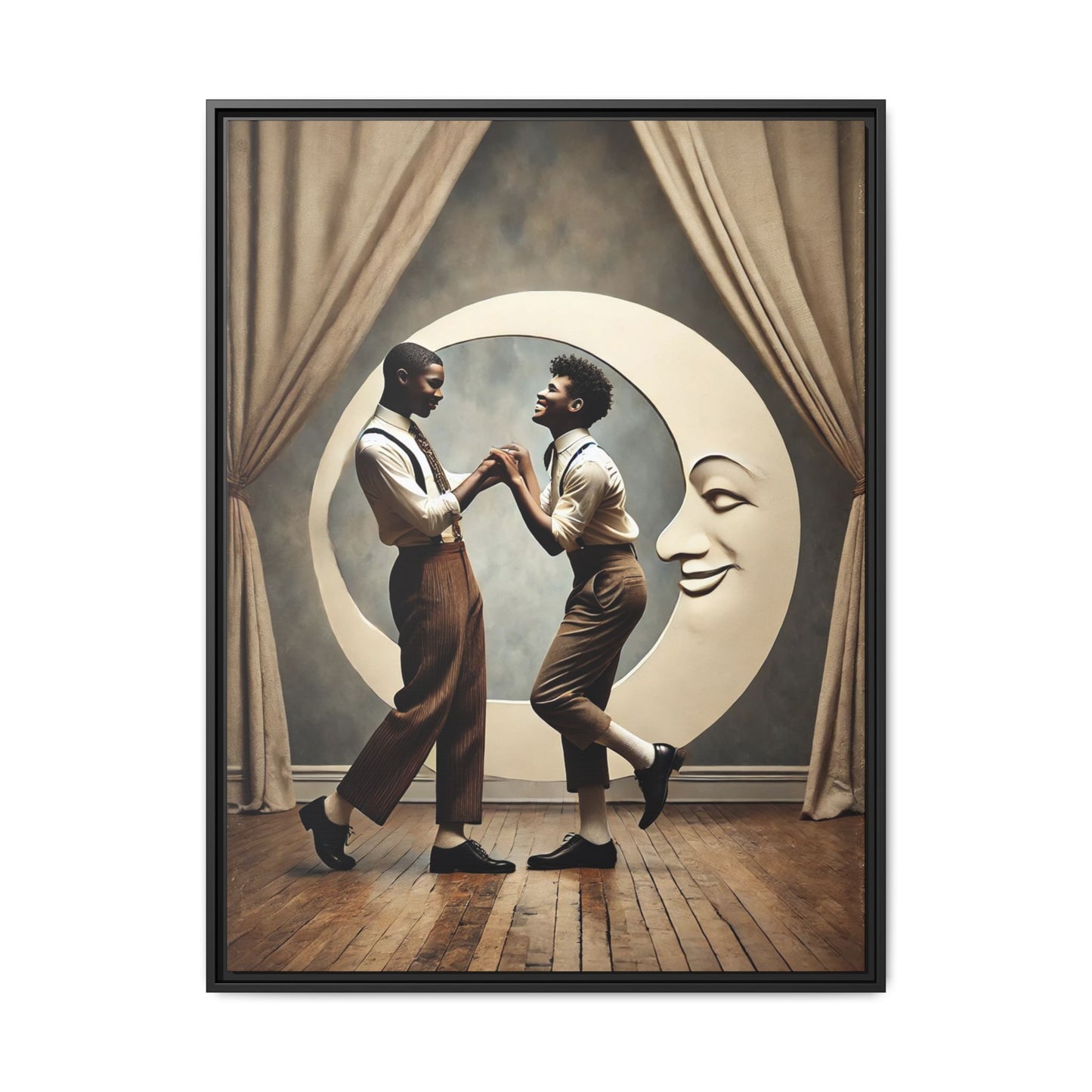 Two joyful young Black men dressed in 1920s fashion dancing in front of a crescent moon prop with a smiling face. This artwork reclaims erased queer love, offering a whimsical and powerful celebration of Black LGBTQ+ youth and history.