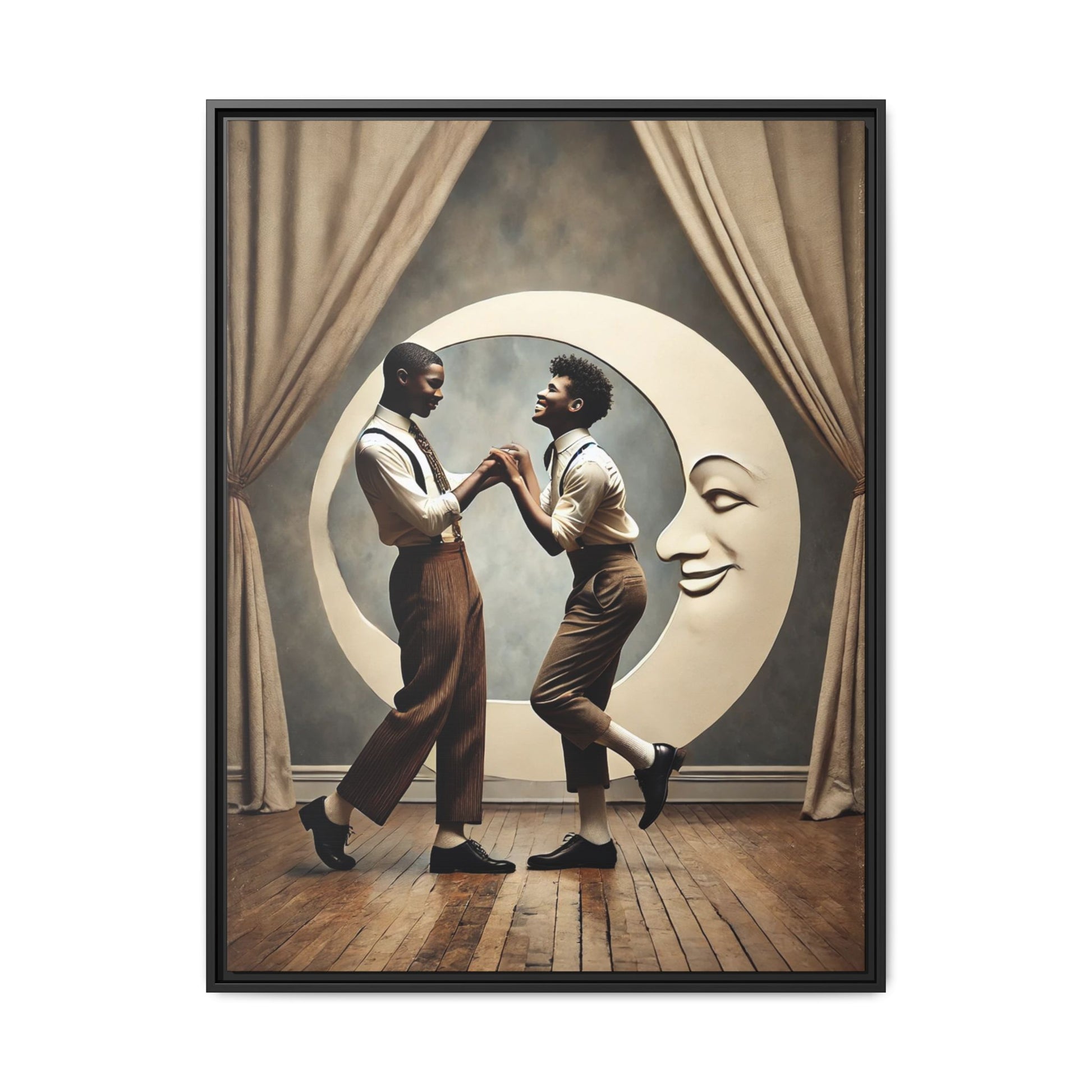 Two joyful young Black men dressed in 1920s fashion dancing in front of a crescent moon prop with a smiling face. This artwork reclaims erased queer love, offering a whimsical and powerful celebration of Black LGBTQ+ youth and history.