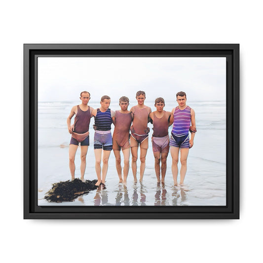A framed vintage beach portrait on matte canvas featuring a joyful group at Herring Cove Beach, Provincetown, capturing timeless summer camaraderie.