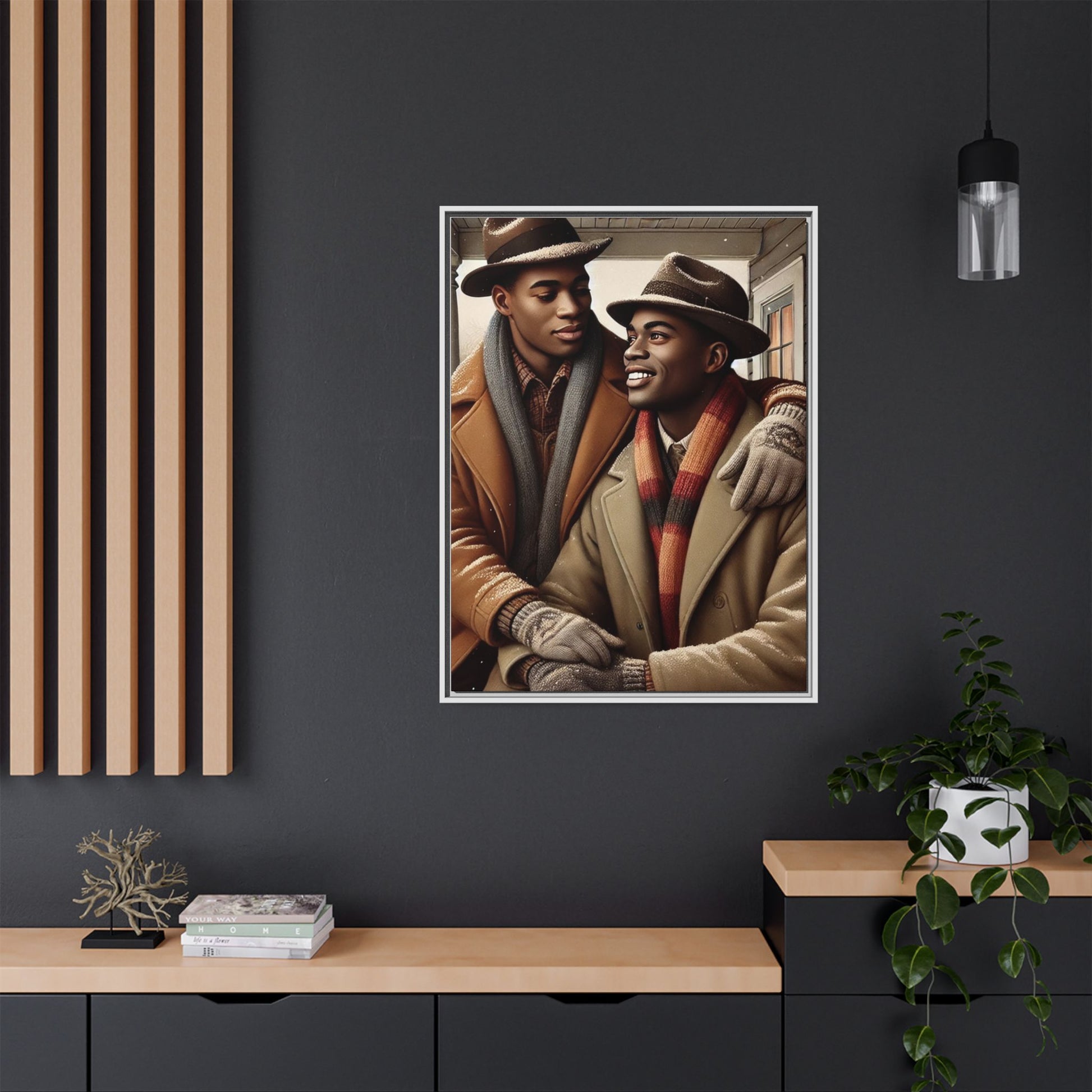 Artwork of an African-American gay couple sharing a cozy winter moment on a porch. Dressed in vintage winter attire with fedoras, scarves, and warm coats, they exchange affectionate gazes amidst softly falling snow, capturing love, warmth, and intimacy in a nostalgic winter setting.