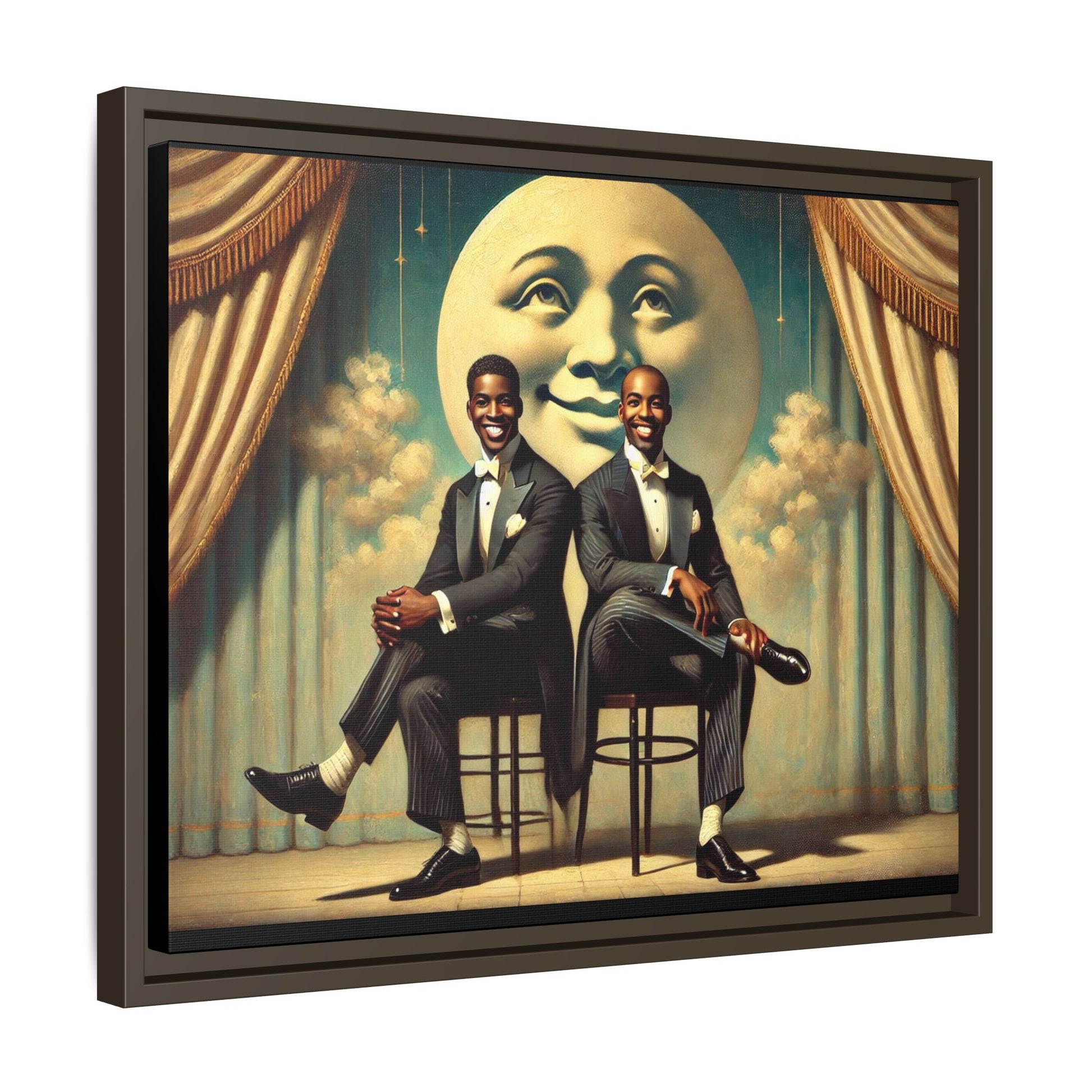 Framed vintage-style portrait of two Black men in tuxedos seated under a smiling crescent moon prop with golden curtains and cloud backdrop. This restored matte canvas honors lost LGBTQ history and reclaims early 20th-century queer representation with pride.