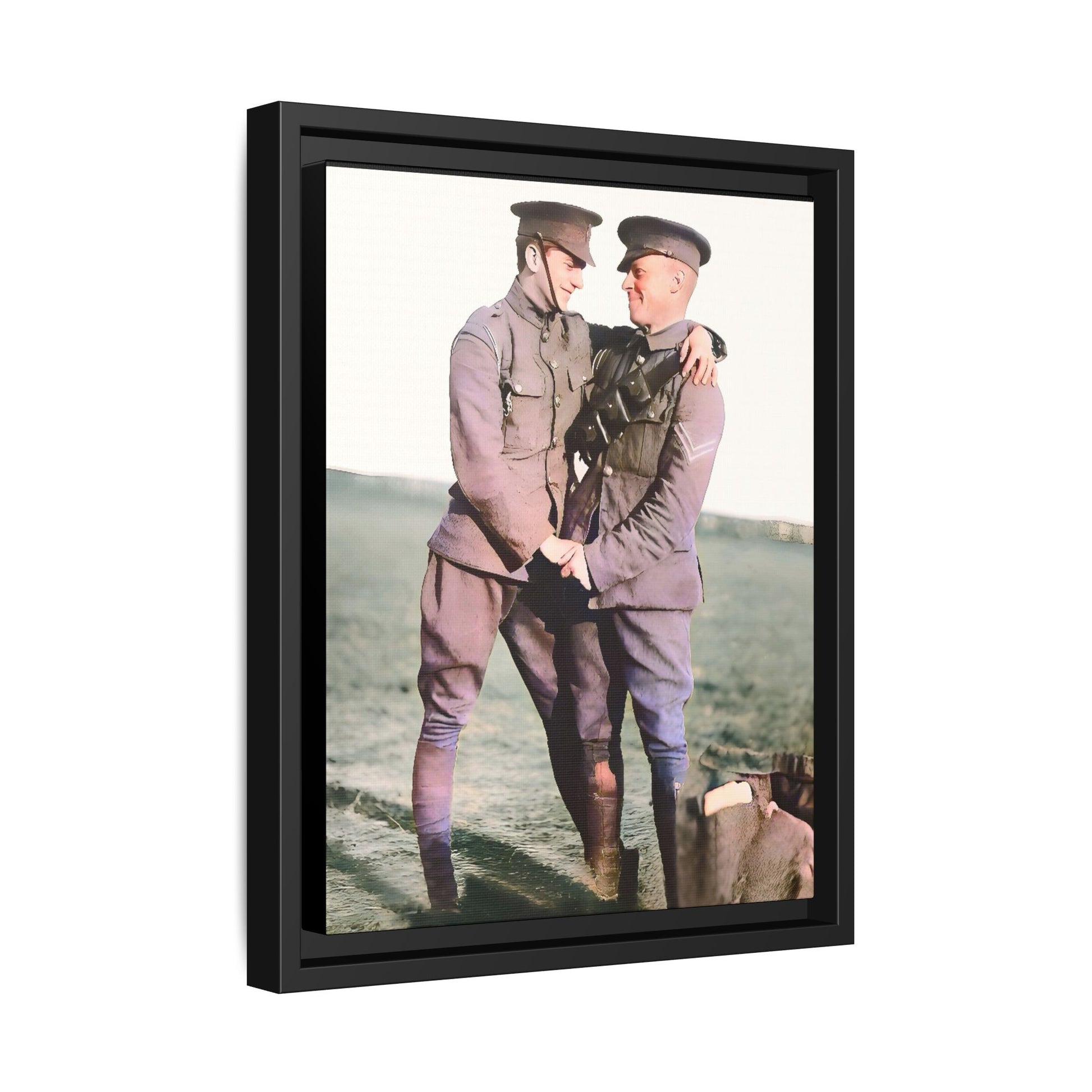 A restored vintage military portrait of Lee & Clifford, soldiers in the Battle of Amiens. This framed matte canvas honors LGBTQ+ history, resilience, and love in wartime.