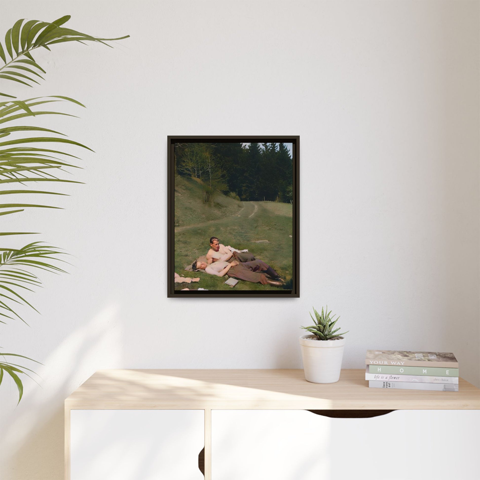 A framed vintage portrait on matte canvas featuring Anthony and Claude in the Belluno Dolomites, capturing nature, serenity, and timeless connection. Gay Couple, LGBTQ Soldiers