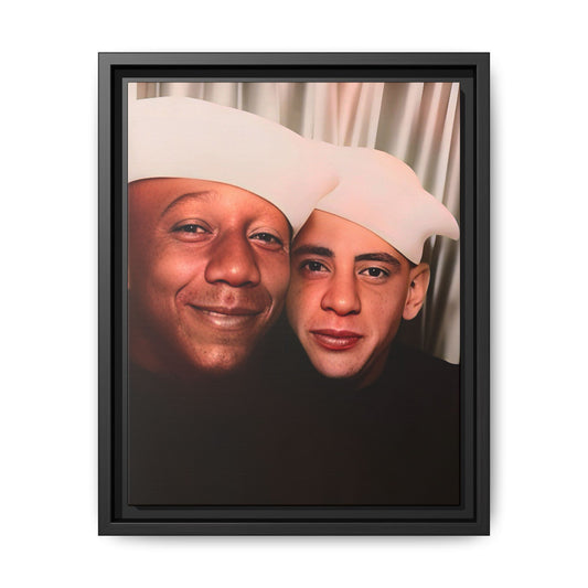 Restored vintage photo of Arthur & Marvin, WWII-era gay sailors in a photo booth, Daytona Beach FL, framed canvas art.