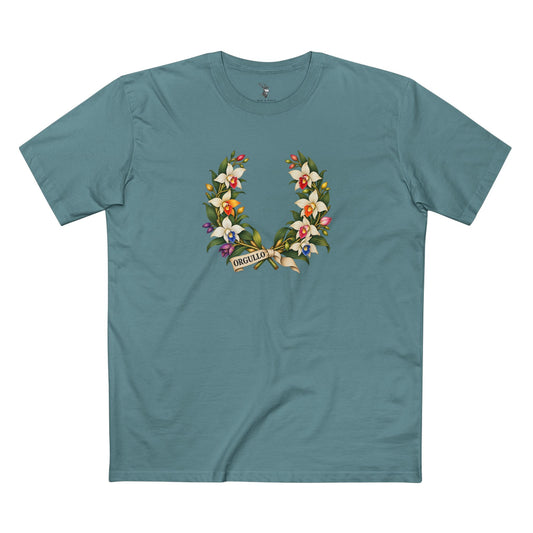 Guatemalan Monja Blanca orchid Pride wreath with colorful accents and deep plum ORGULLO text for light shirts