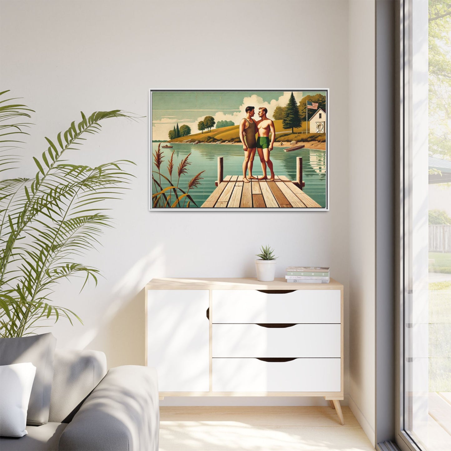 Framed artwork of a gay couple sharing a tender moment on a wooden dock by a peaceful lake, dressed in vintage swimwear. Set against rolling hills and a lakeside cabin, this nostalgic scene honors LGBTQ+ love in a serene Midwestern summer setting.