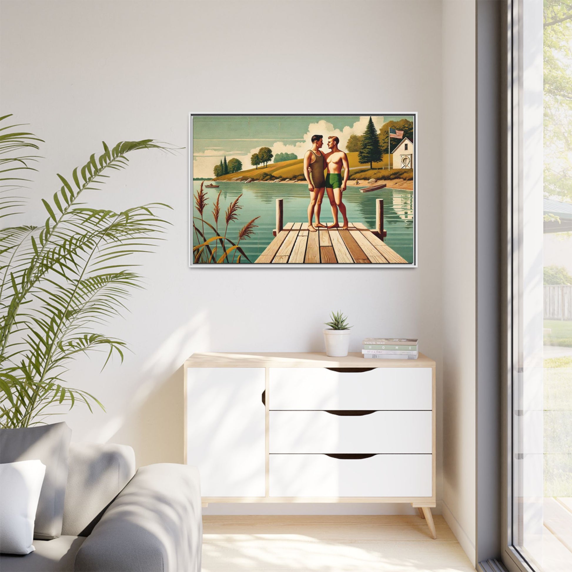 Framed artwork of a gay couple sharing a tender moment on a wooden dock by a peaceful lake, dressed in vintage swimwear. Set against rolling hills and a lakeside cabin, this nostalgic scene honors LGBTQ+ love in a serene Midwestern summer setting.