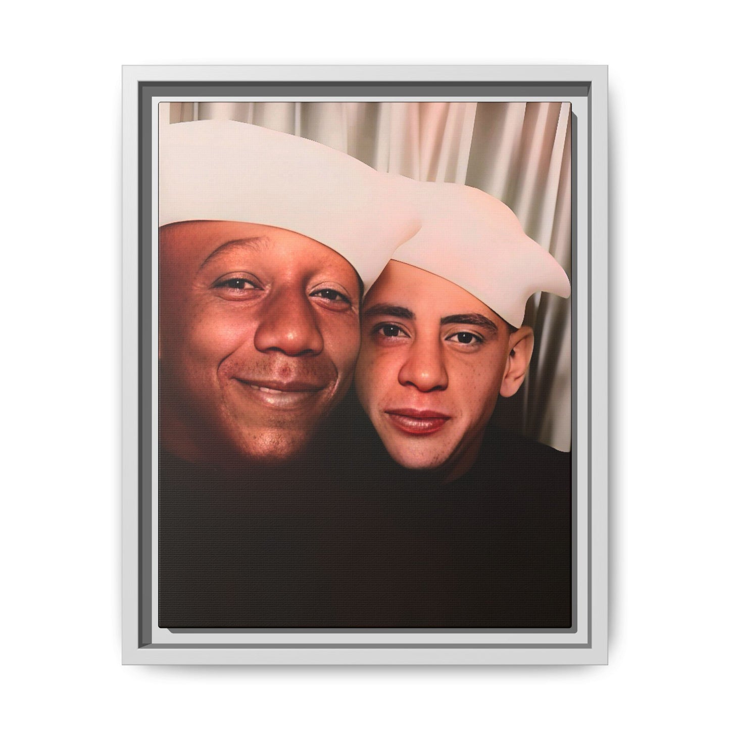 Restored vintage photo of Arthur & Marvin, WWII-era gay sailors in a photo booth, Daytona Beach FL, framed canvas art.