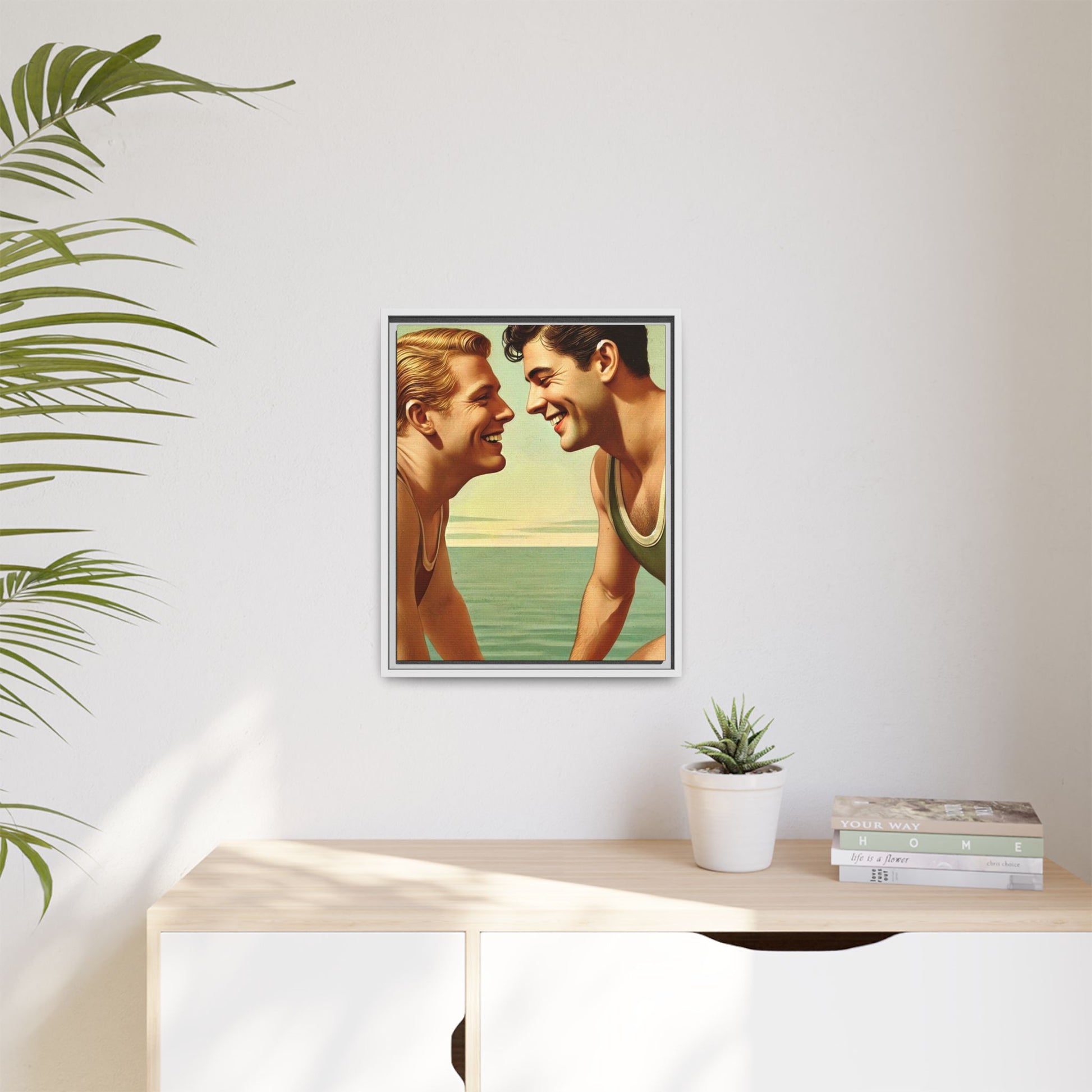 Vintage-style artwork of a joyful 1930s moment between a gay couple by the lake, dressed in classic swimwear and sharing warm smiles. Set on a serene wooden dock, this piece captures love, companionship, and LGBTQ+ history in an idyllic, nostalgic summer setting.