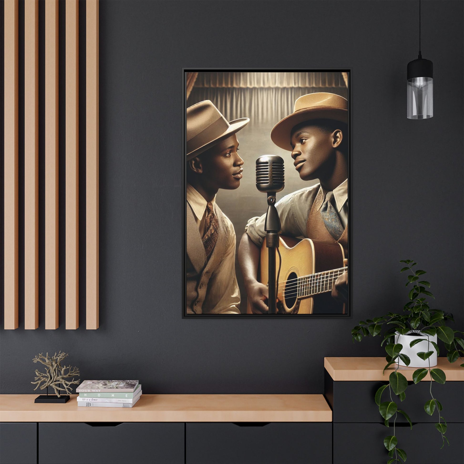 Artwork of an African-American gay couple recording a song in a 1930s-style studio. Dressed in vintage attire with fedoras and ties, they share a close, tender moment around a classic microphone, capturing love, music, and cultural heritage in a nostalgic setting