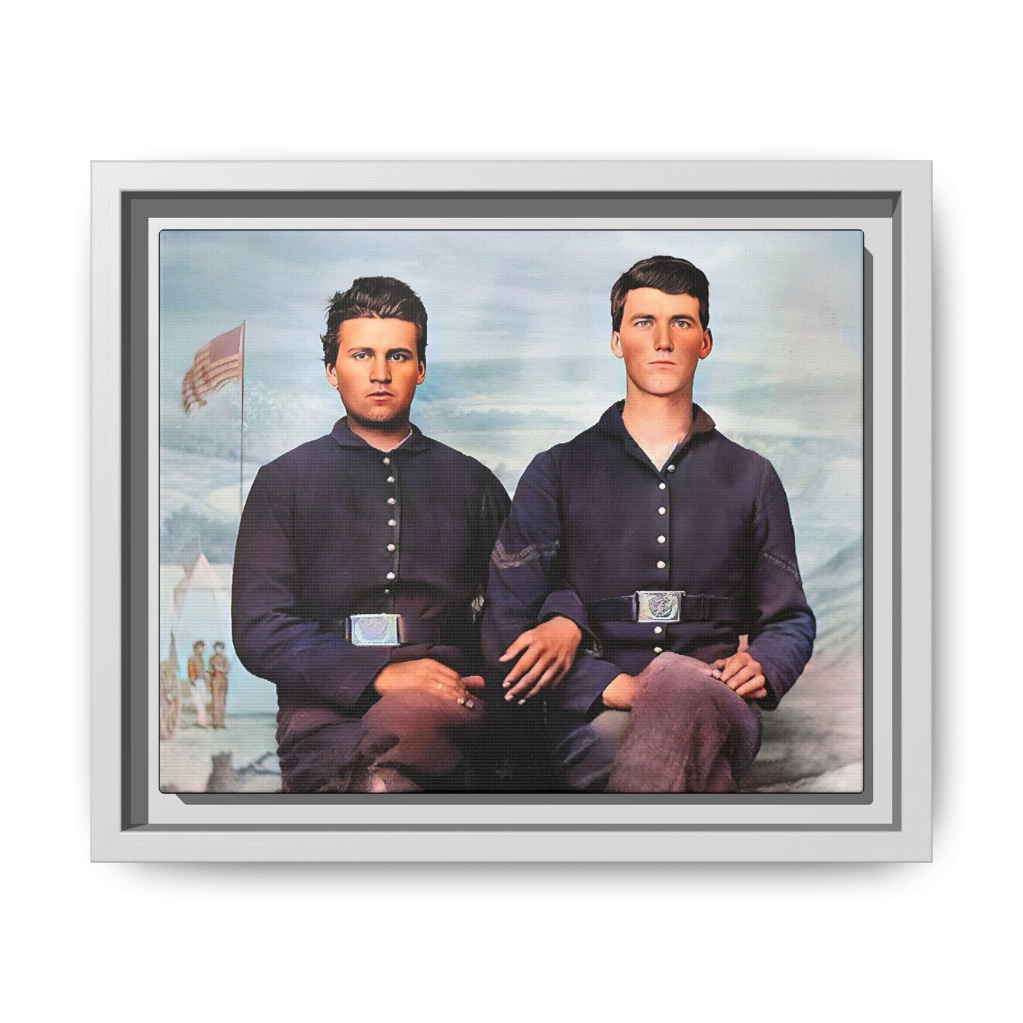 A framed vintage Civil War photo on matte canvas featuring two Union soldiers at Camp Curtin, honoring military history. Gay Couple