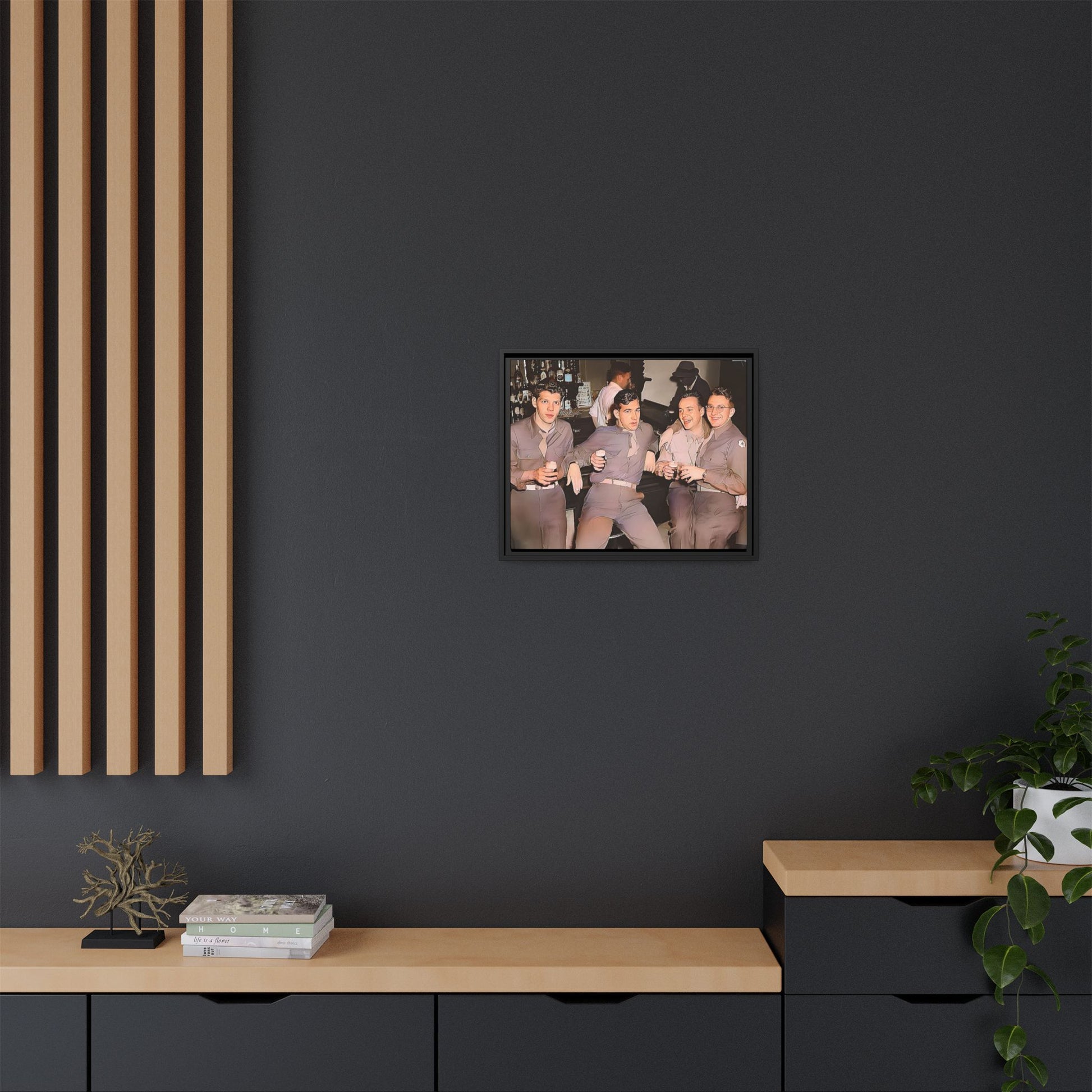 Restored vintage photograph of soldiers in uniform gathered at Jackson's gay bar in mid-20th century San Francisco. Framed matte canvas print celebrating camaraderie, resilience, and LGBTQ+ history