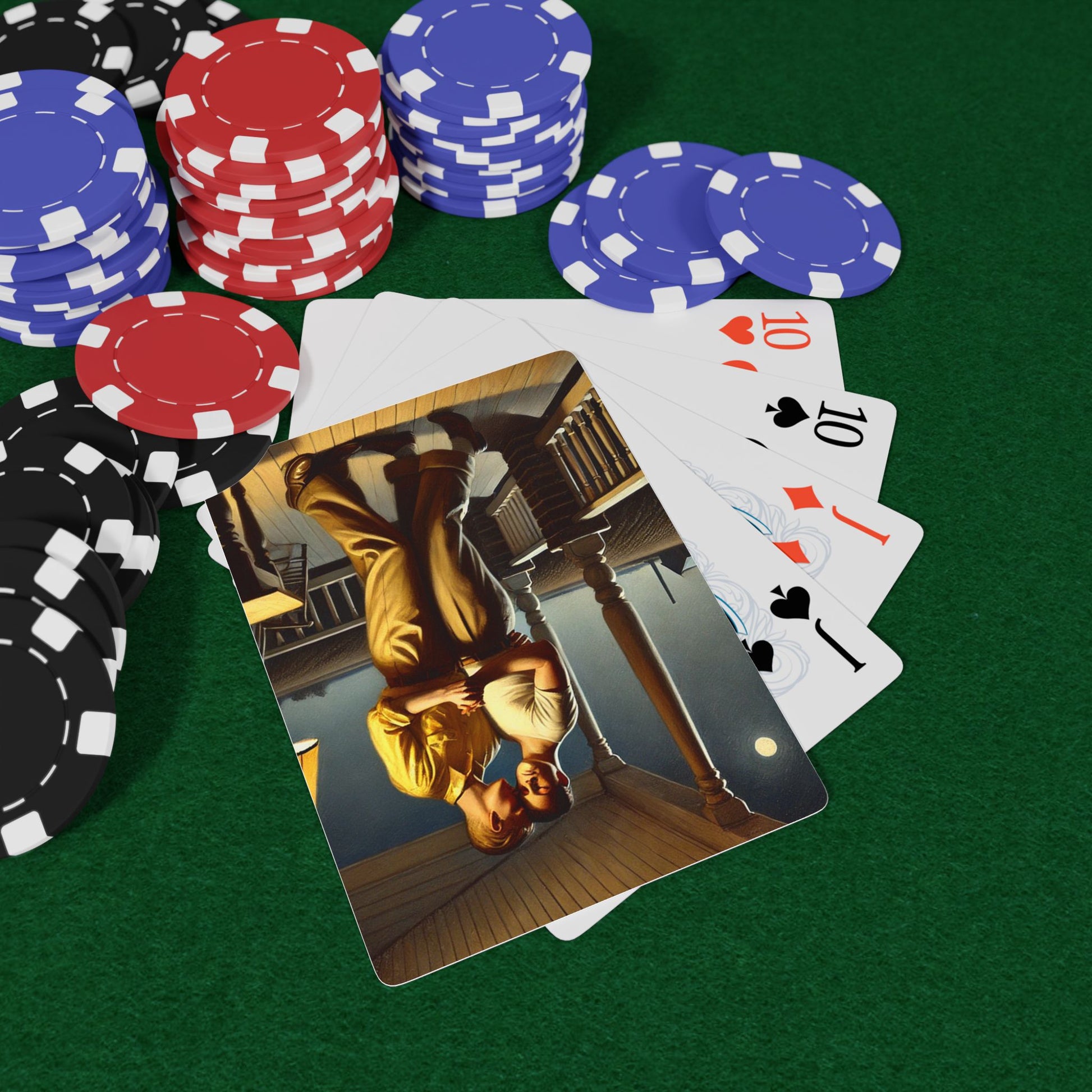 Vintage-style poker cards featuring two men dancing on a wooden porch under moonlight, symbolizing Queer love and resilience. Gay Love