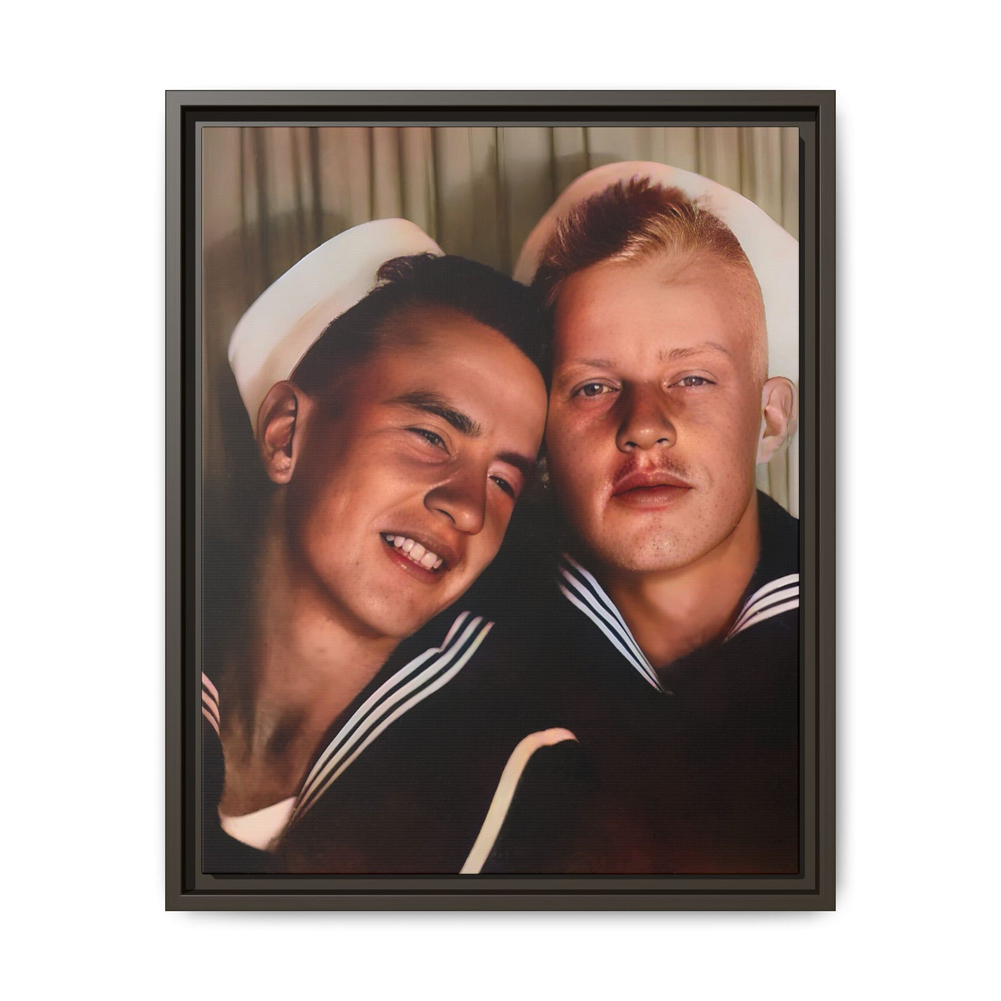 A framed vintage sailor portrait on matte canvas featuring Ray and Clyde in Newport, Rhode Island, capturing timeless LGBTQ+ love and companionship. Gay Couple Photo Booth