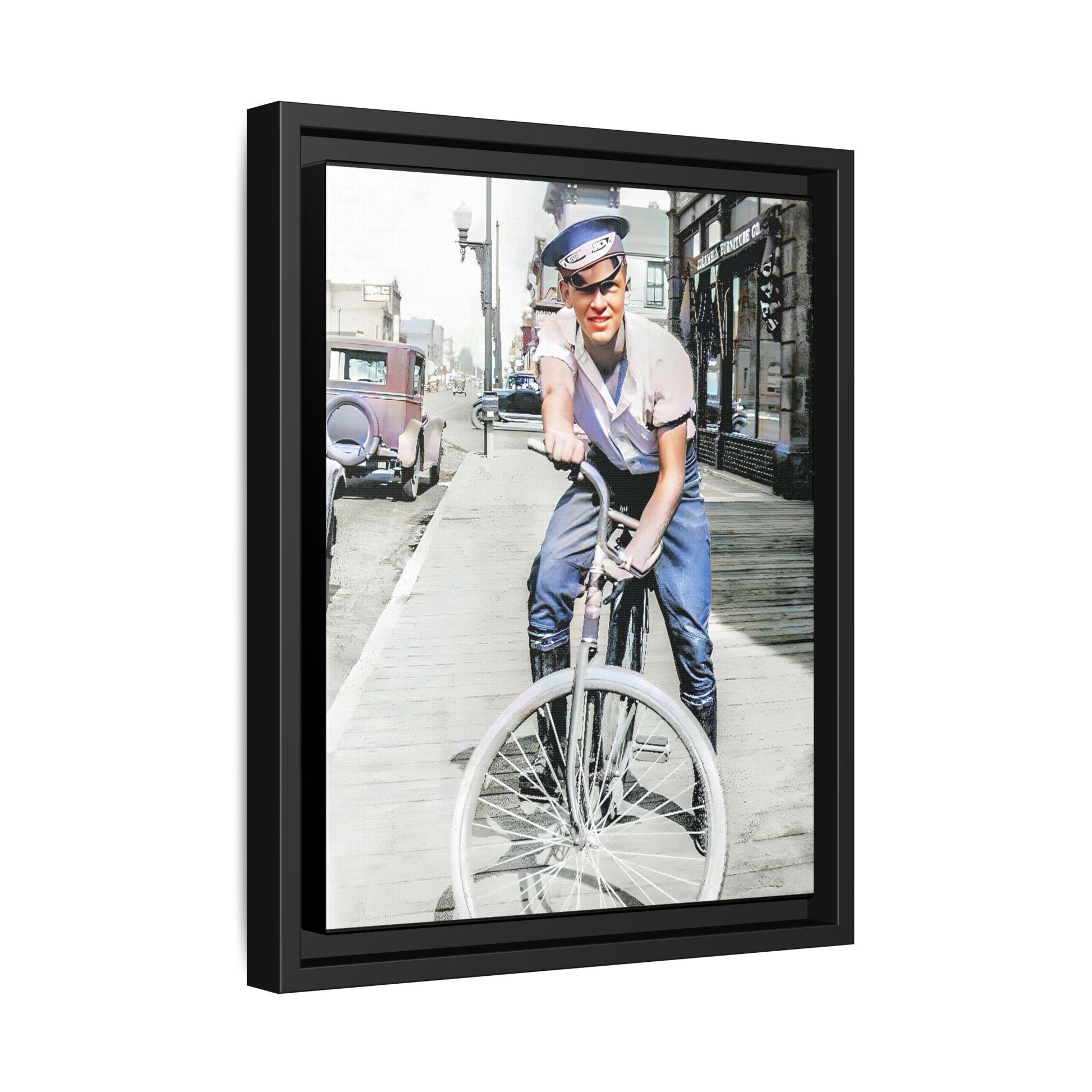 A framed vintage portrait on matte canvas featuring Cecil in Elk City, Oklahoma, capturing the spirit of 1930s small-town Americana. Classic Bicycle Photo