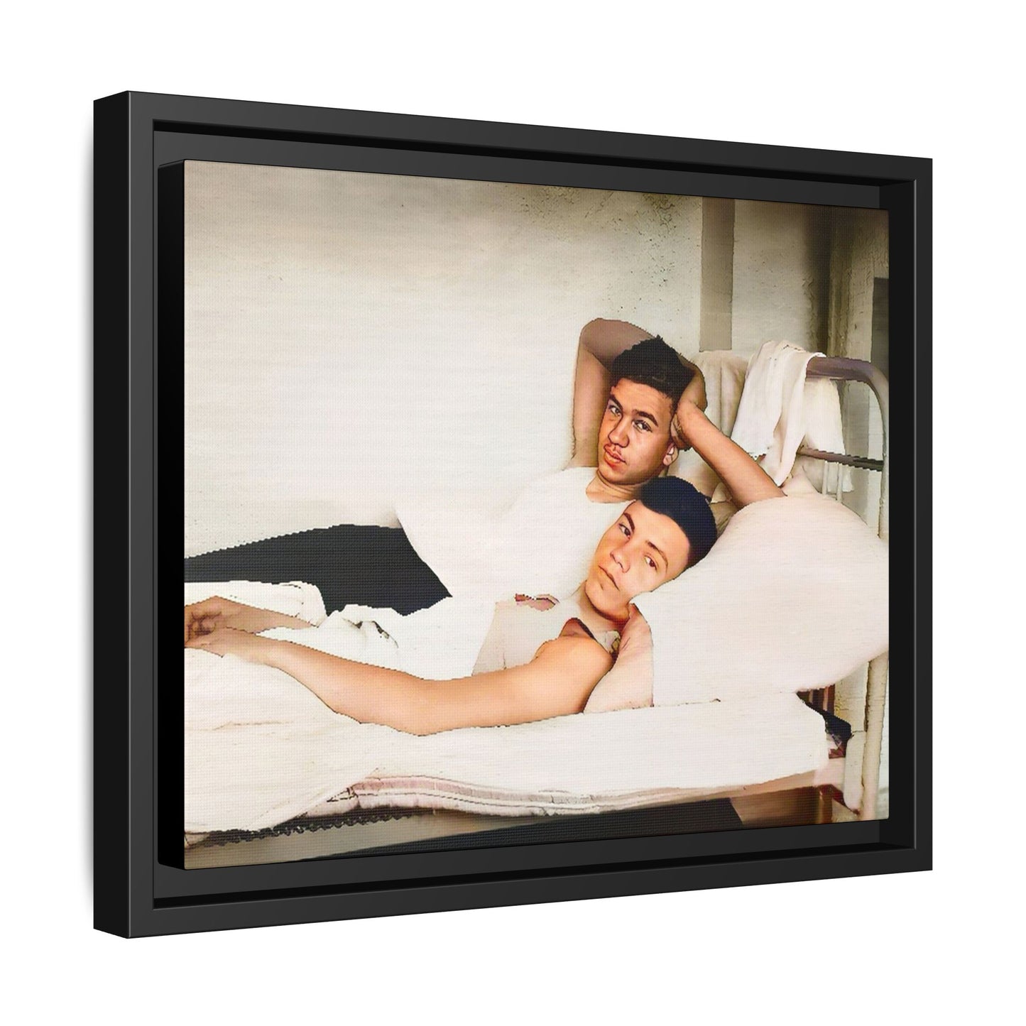 A vintage Gay couple portrait of Vernon & Jesse in Portland, Maine. This framed canvas print captures an intimate and heartfelt moment, making it a timeless addition to any home decor or a meaningful gift celebrating love and history.