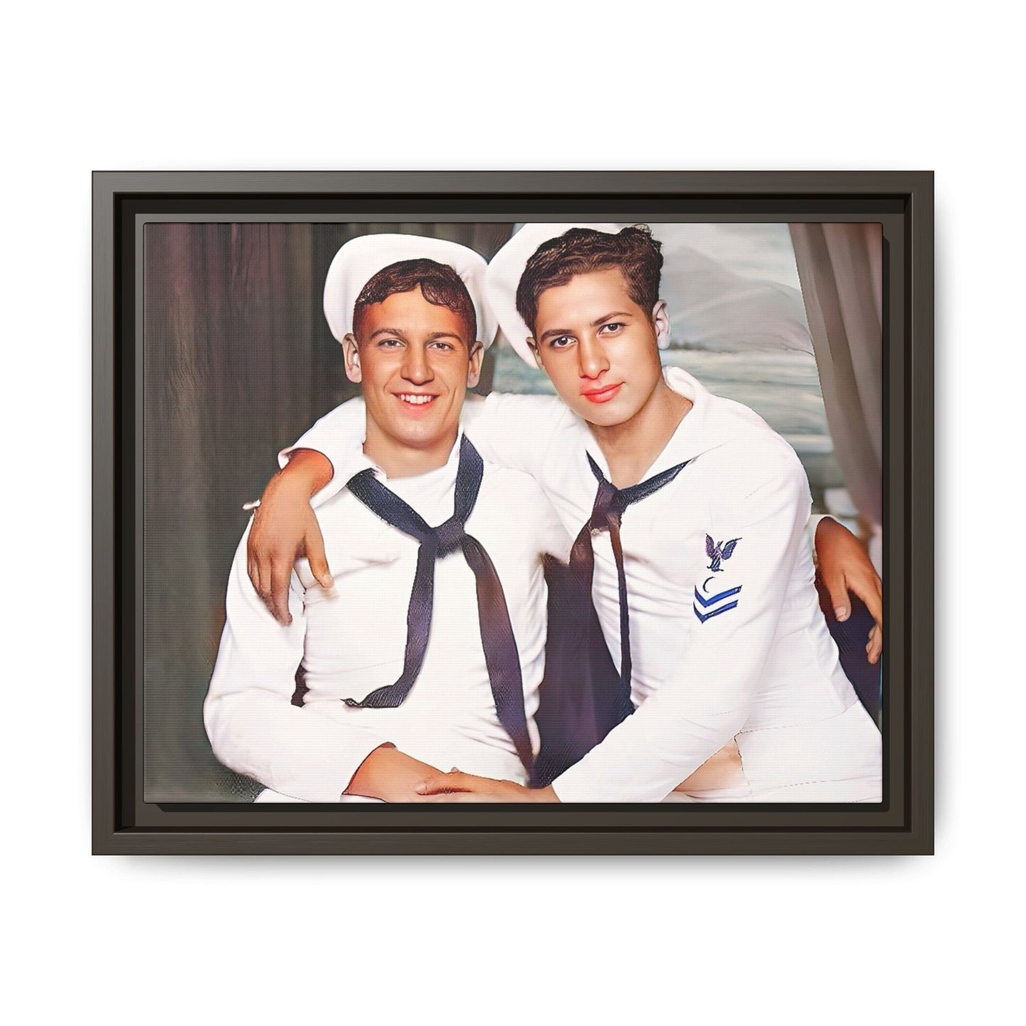 A restored vintage Navy portrait of Kenny and William at Fort Lee, Virginia. This framed matte canvas print honors military camaraderie, resilience, and LGBTQ+ history with a timeless tribute to friendship and love. Gay Couple Sailors Navy