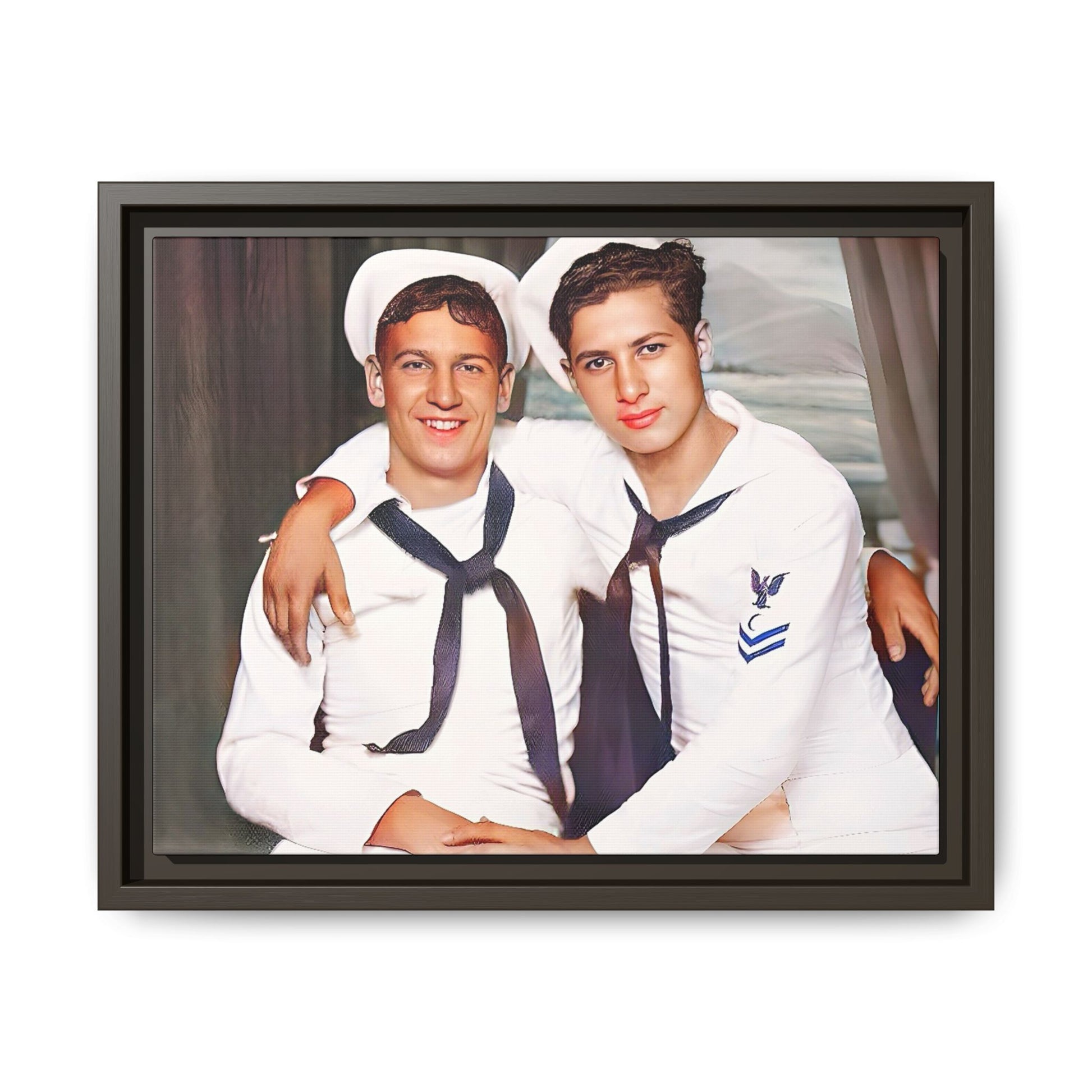 A restored vintage Navy portrait of Kenny and William at Fort Lee, Virginia. This framed matte canvas print honors military camaraderie, resilience, and LGBTQ+ history with a timeless tribute to friendship and love. Gay Couple Sailors Navy