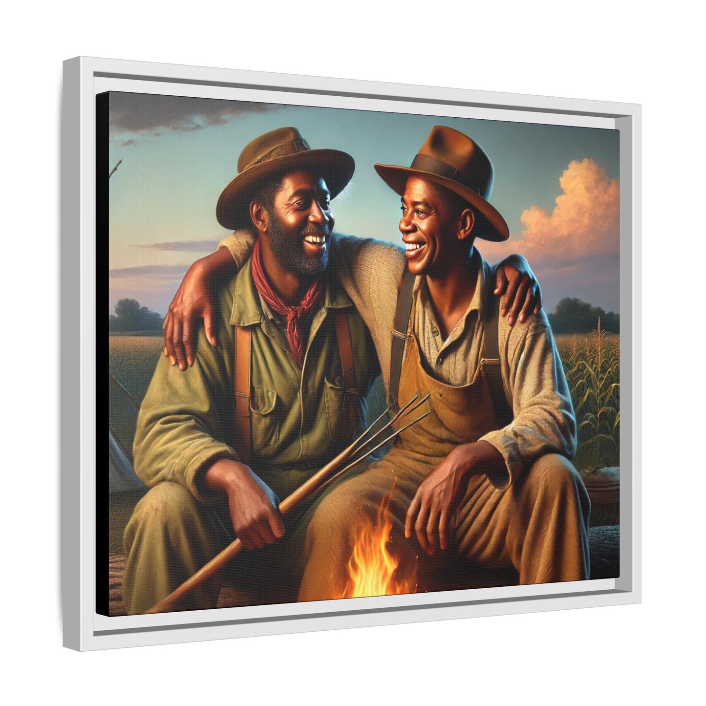 Artwork of an older African-American queer couple sharing a warm, joyful moment by a campfire in rural Iowa. Set against vast fields and an open sky, the scene captures love, resilience, and the nostalgic beauty of Americana, with firelight illuminating their laughter and companionship