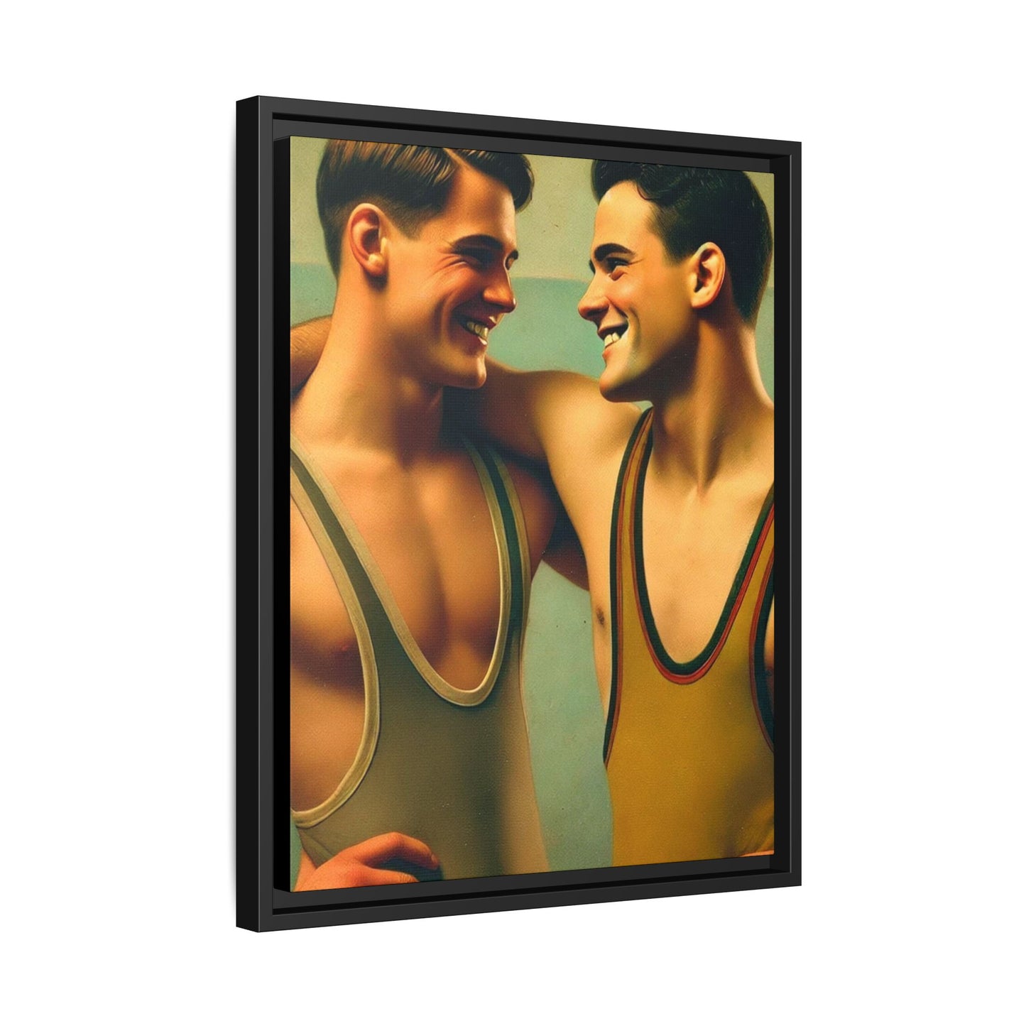 Framed artwork of two young wrestlers in vintage singlets sharing a candid moment, inspired by Grant Wood's Regionalist art style.
