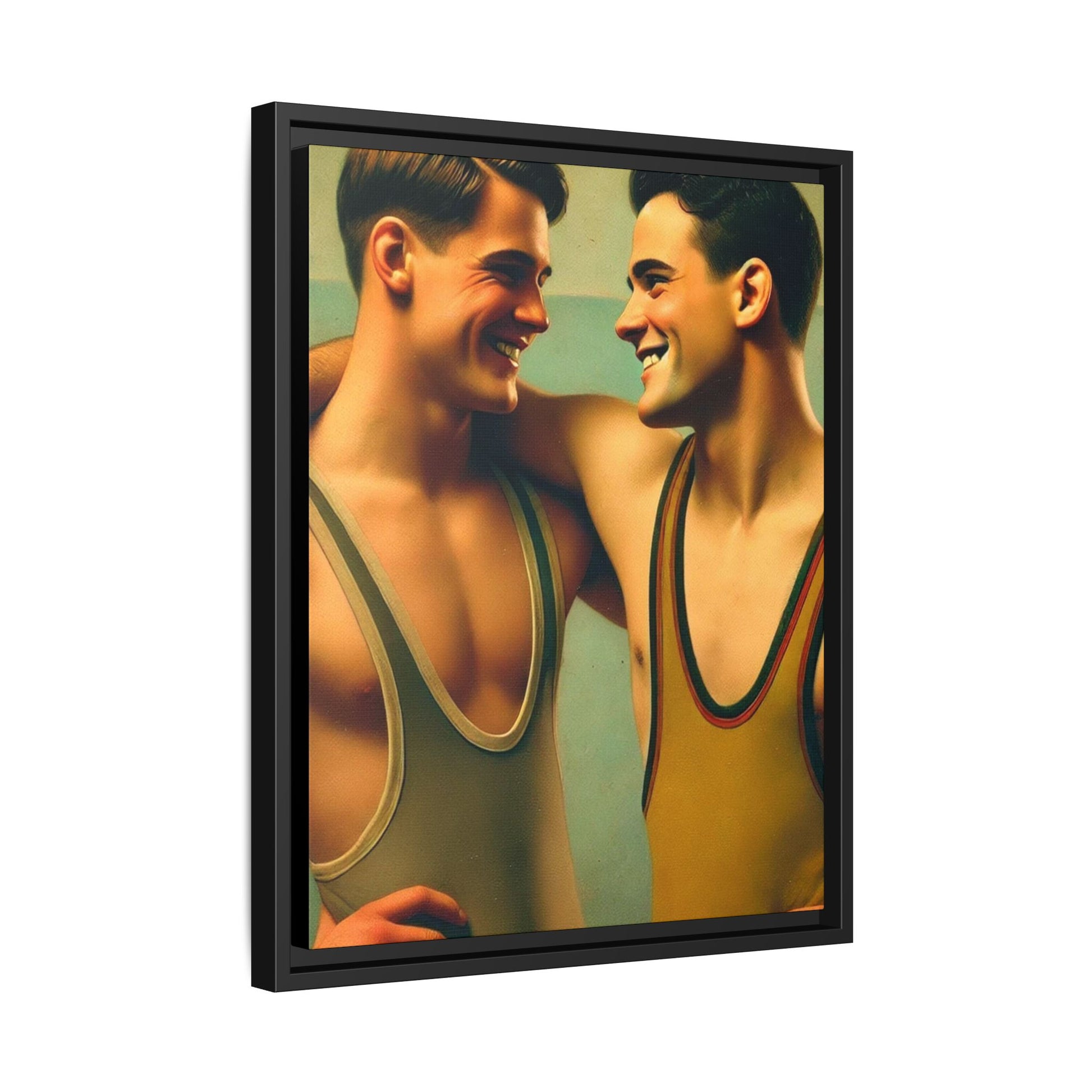 Framed artwork of two young wrestlers in vintage singlets sharing a candid moment, inspired by Grant Wood's Regionalist art style.
