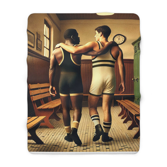 Cozy fleece throw with Grant Wood–inspired athletic figurative artwork and warm vintage interior