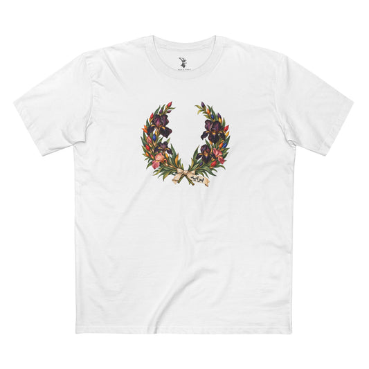 Jordanian Black Iris Pride T-Shirt, Arabic LGBTQ+ Tee, Botanical Laurel Wreath, Floral Pride Shirt