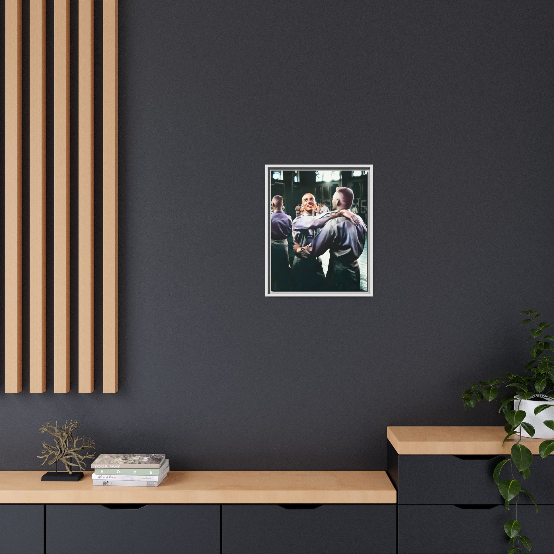 Restored mid-20th century photo of two men dancing at a USO event in Fort Belvoir, celebrating LGBTQ+ love and resilience, framed as wall décor Gay Couple