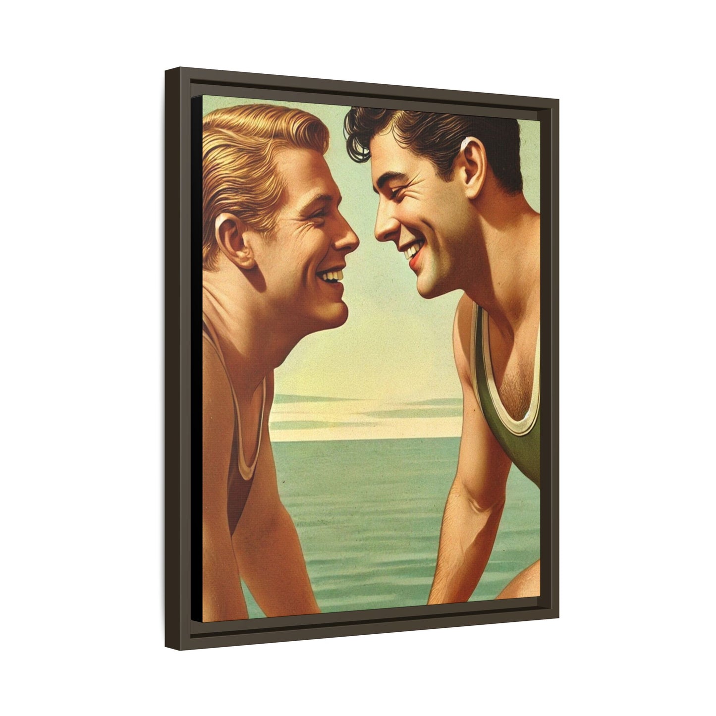 Vintage-style artwork of a joyful 1930s moment between a gay couple by the lake, dressed in classic swimwear and sharing warm smiles. Set on a serene wooden dock, this piece captures love, companionship, and LGBTQ+ history in an idyllic, nostalgic summer setting.