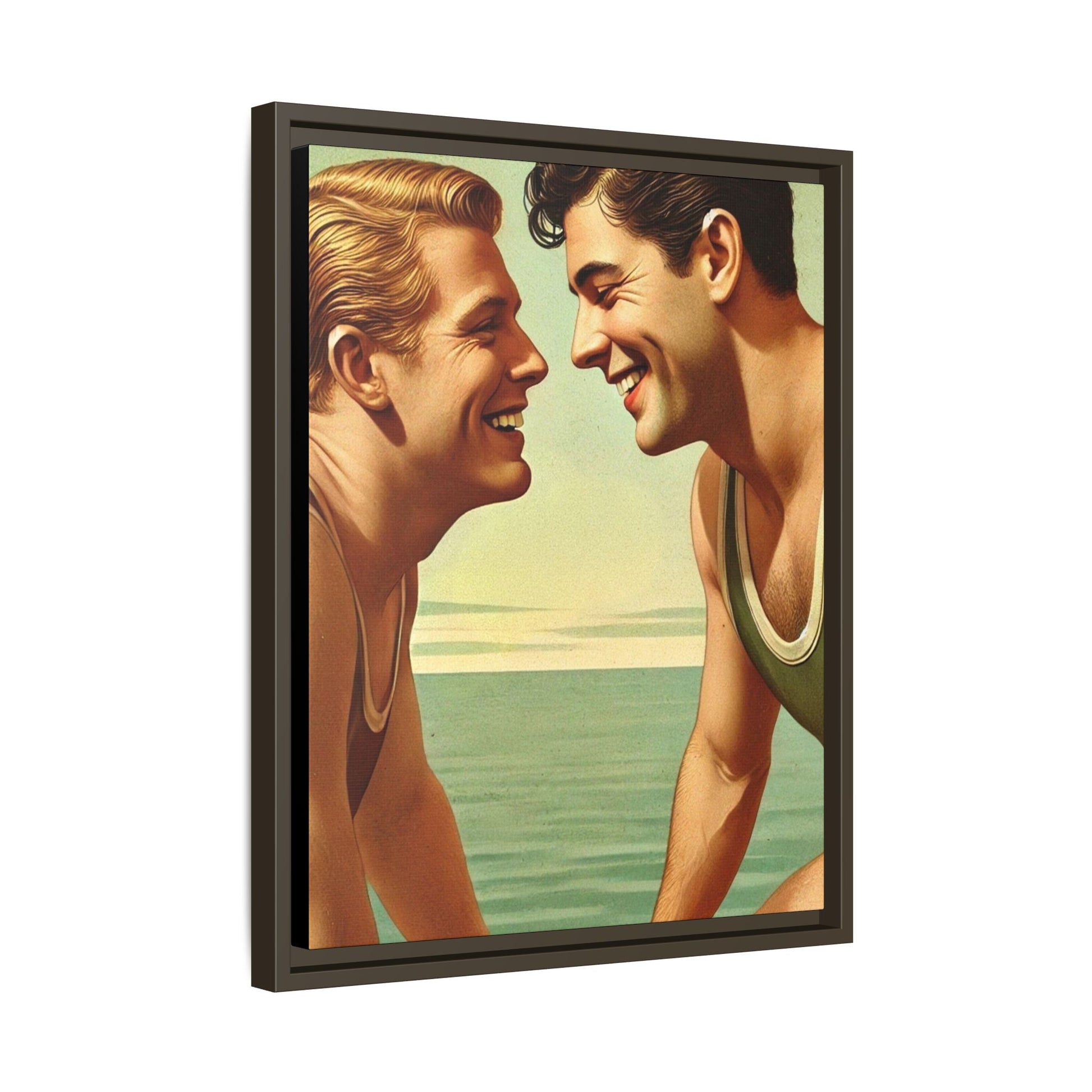 Vintage-style artwork of a joyful 1930s moment between a gay couple by the lake, dressed in classic swimwear and sharing warm smiles. Set on a serene wooden dock, this piece captures love, companionship, and LGBTQ+ history in an idyllic, nostalgic summer setting.