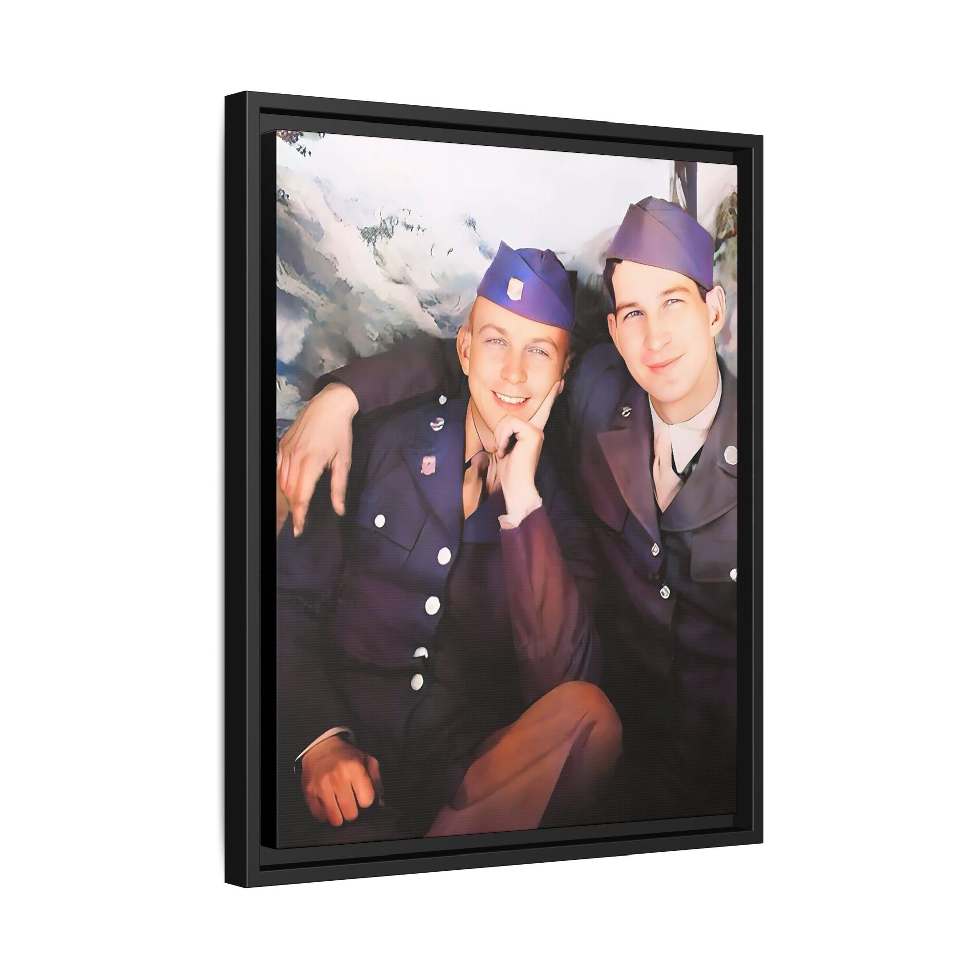 A restored vintage portrait of Willie & Louis at Metro-North Railroad in Harlem, New York. This framed matte canvas celebrates LGBTQ+ history, African American heritage, and timeless love. Gay Couple Love