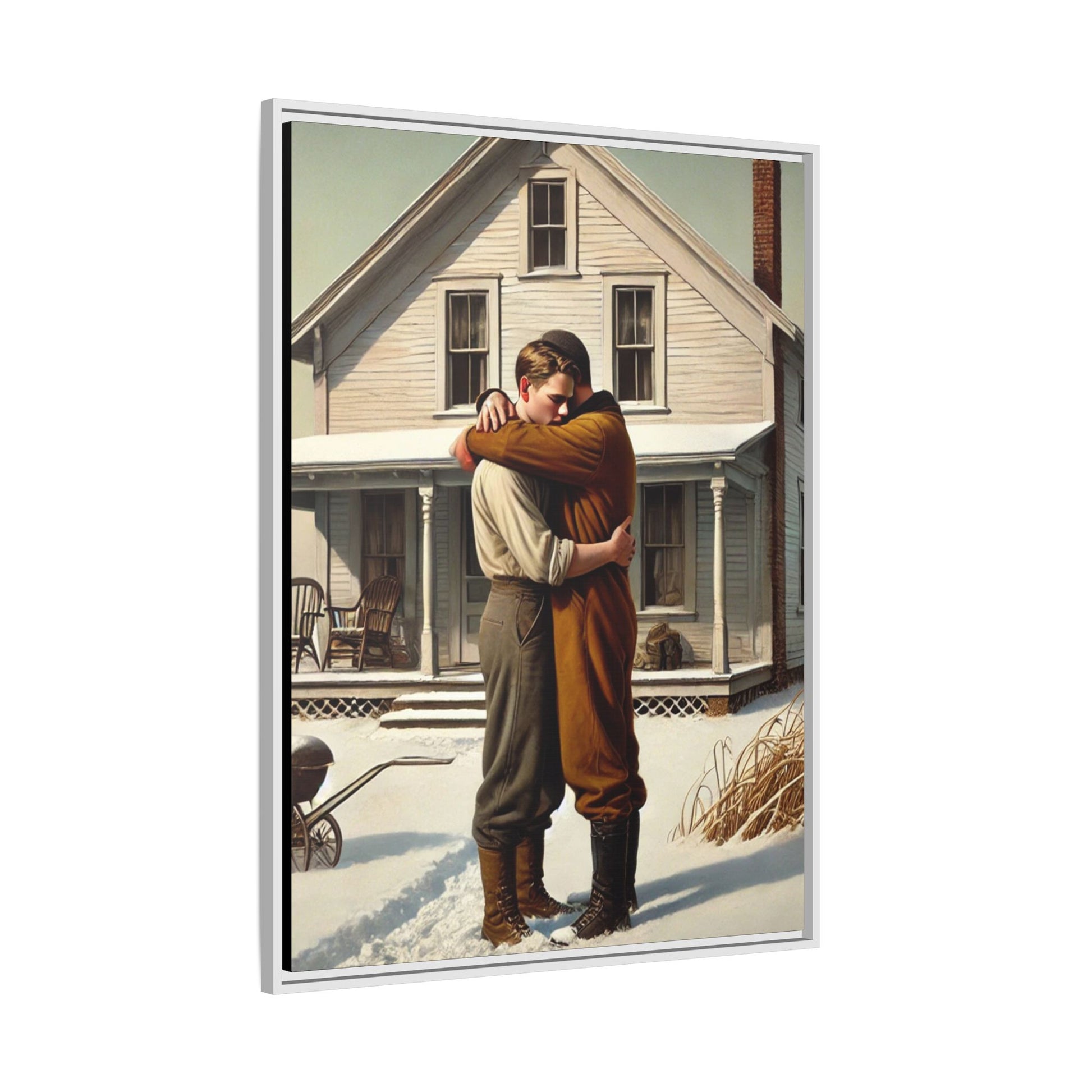 Artwork of a tender moment between a gay couple embracing outside a farmhouse in a snowy, rural landscape. Dressed in vintage attire, the two men find warmth and comfort in each other’s arms, capturing love and connection in a serene, Americana winter setting