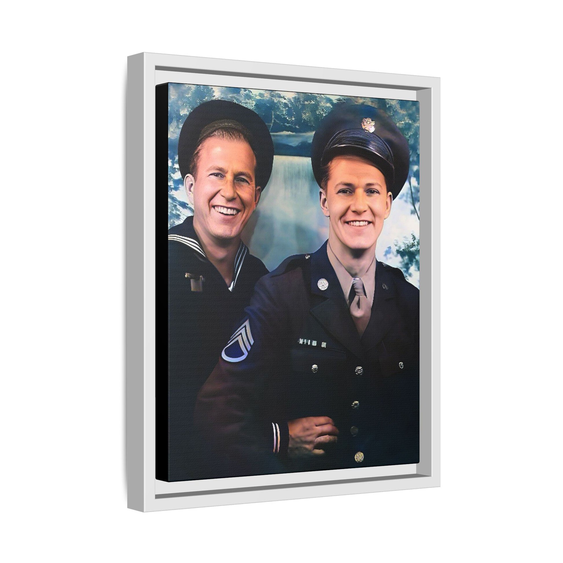 A framed vintage military portrait on matte canvas featuring a sailor and a soldier in Scapa Flow, Scotland, symbolizing service and camaraderie. Gay Couple