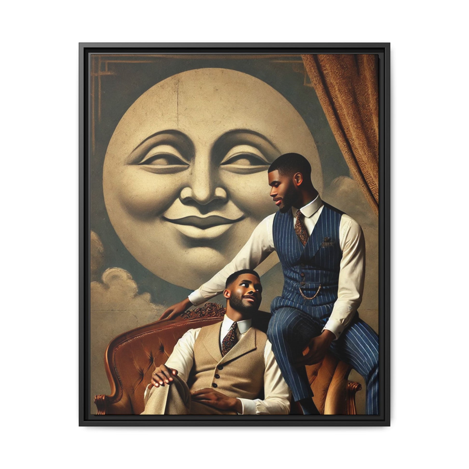 An elegant portrait of two Black men in vintage suits, seated affectionately beneath a smiling full moon. This 1920s-inspired artwork reclaims lost LGBTQ history, honoring Black queer love through style, softness, and resilience.