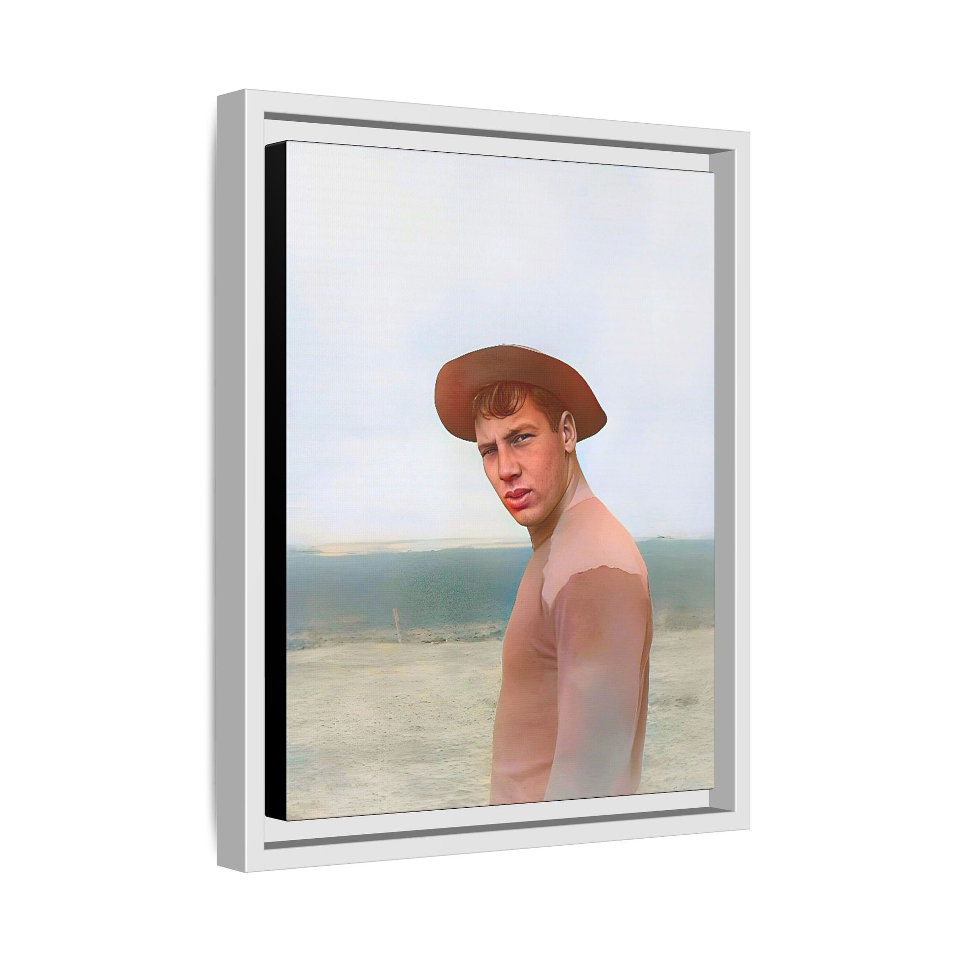 A framed vintage portrait on matte canvas featuring Victor at Cannon Beach, Oregon, capturing the rugged beauty of coastal life.