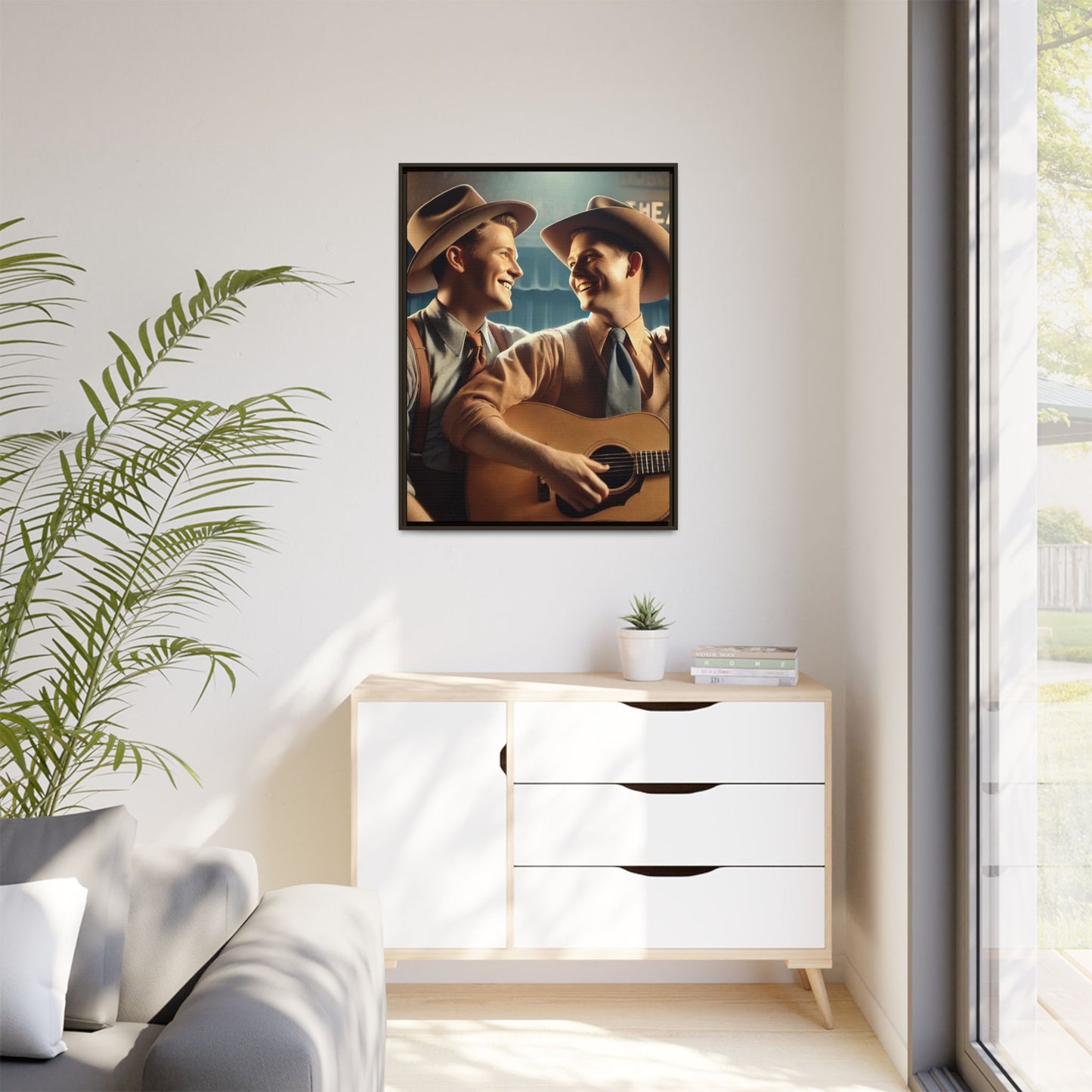 Artwork of a gay couple recording a country-western song in a 1930s-style studio. Dressed in classic Western attire with wide-brimmed hats and button-up shirts, the two men share an affectionate gaze, capturing love and unity in a nostalgic, vintage setting.