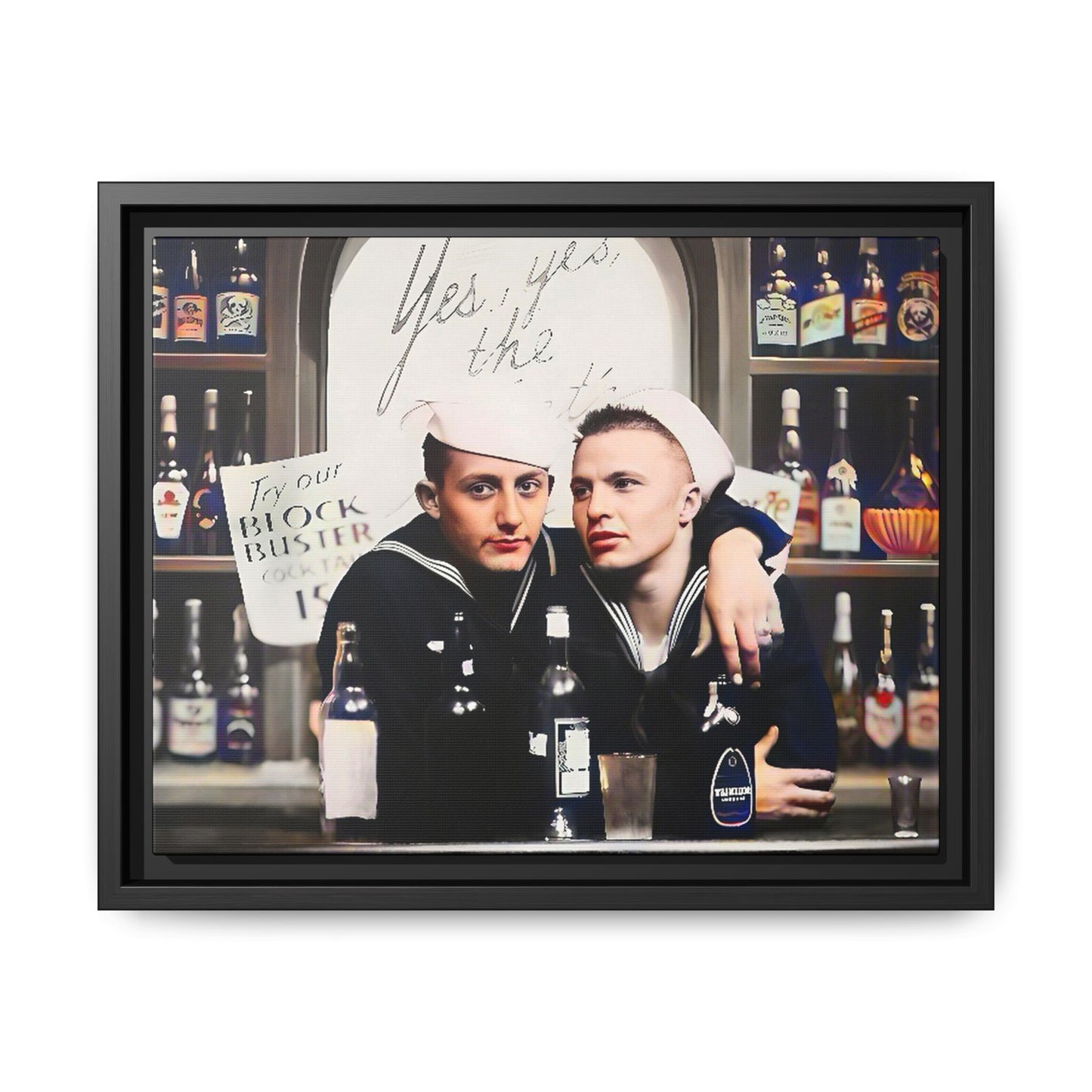 A restored vintage photo of Matt & Cory at Naval Air Station Alameda, CA. This framed matte canvas print captures camaraderie, LGBTQ+ history, and the spirit of military service, making it a unique and nostalgic keepsake for history lovers. Gay Couple Sailors