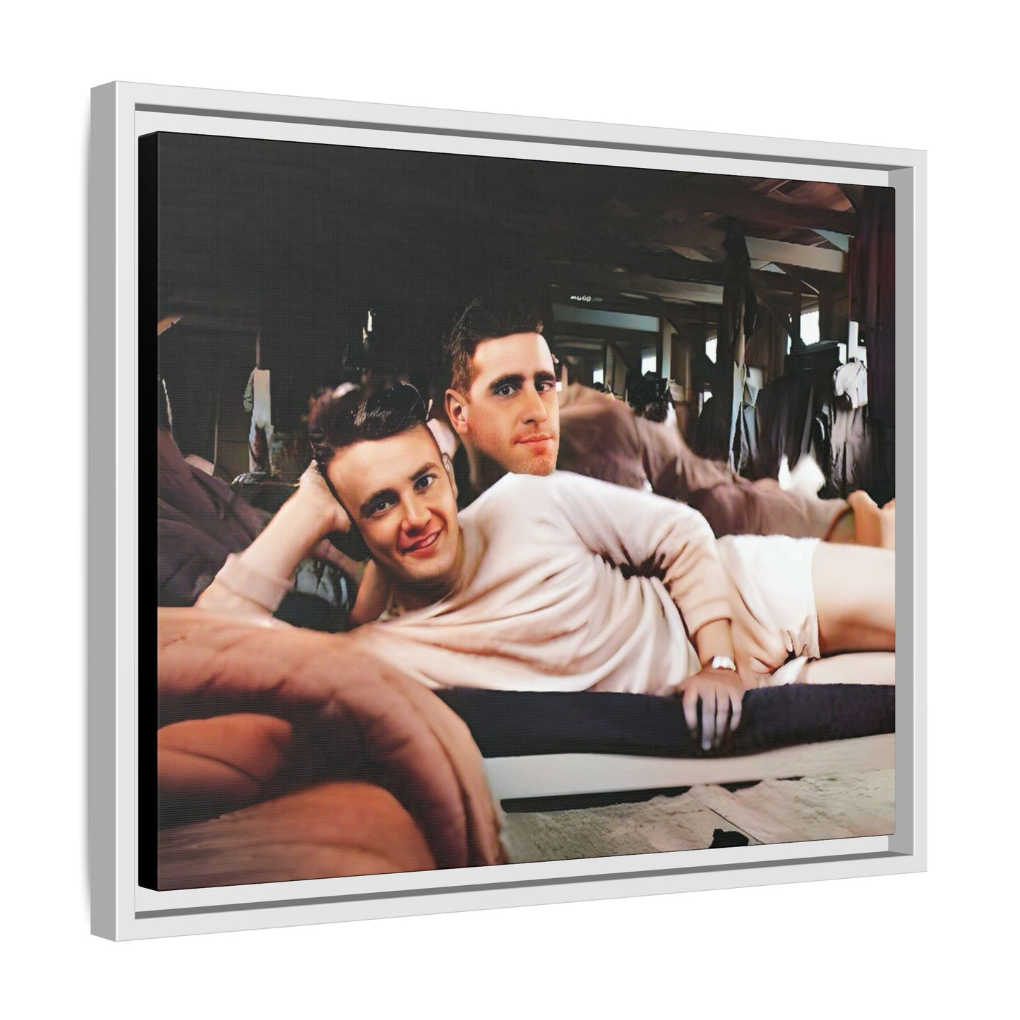 Jules & Seymour - At Ease Together | Vintage 1940s Gay Couple Photo | Restored Framed Matte Canvas Art | Camp Campbell KY Gay Couple