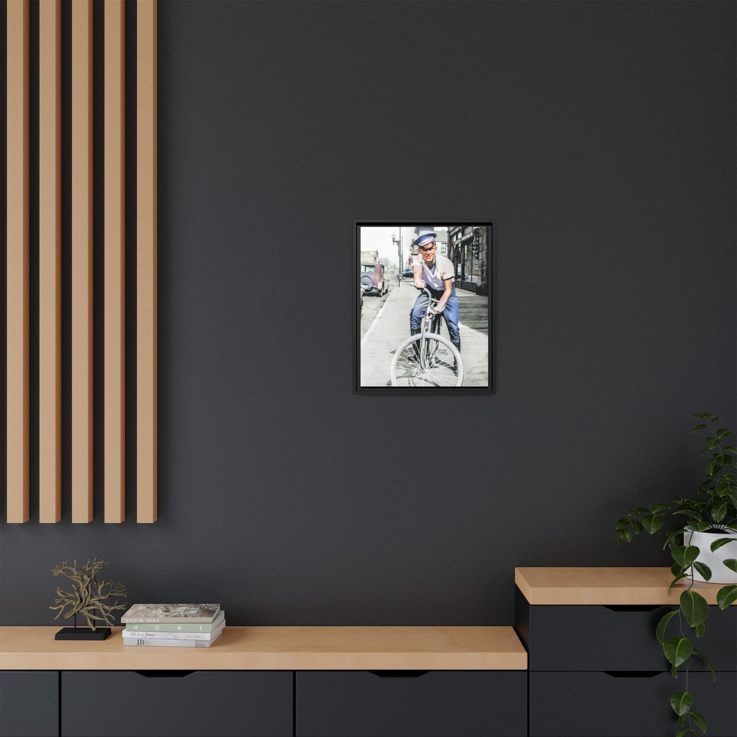A framed vintage portrait on matte canvas featuring Cecil in Elk City, Oklahoma, capturing the spirit of 1930s small-town Americana. Classic Bicycle Photo