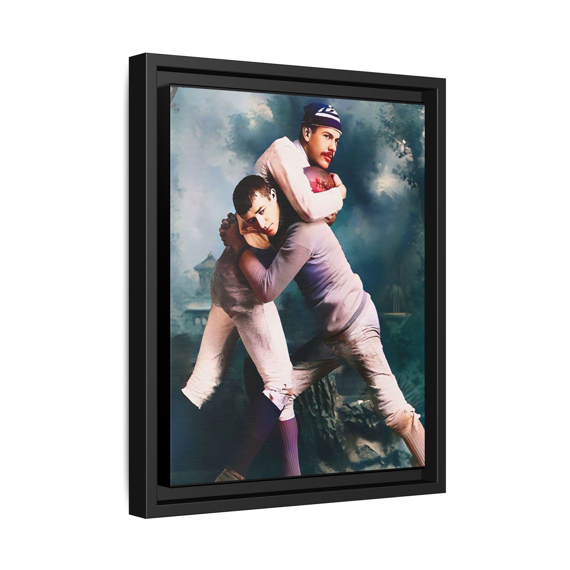 A framed vintage sports portrait on matte canvas featuring Theodore and Patrick in Chapel Hill, North Carolina, capturing timeless strength, camaraderie, and connection.