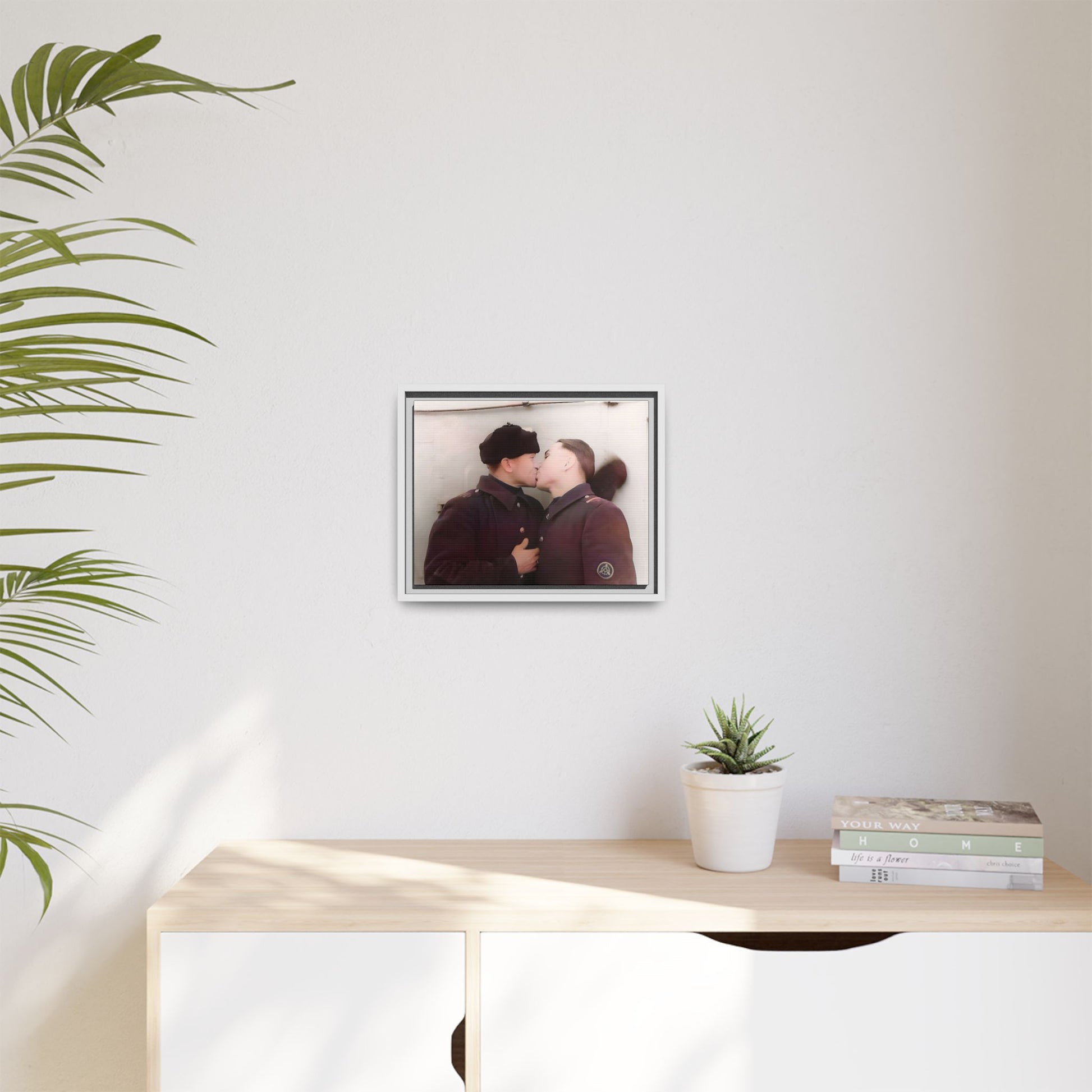A restored vintage photograph of two Russian soldiers in uniform sharing an intimate moment at a military outpost in Surgut, Russia. Their embrace reflects resilience, love, and defiance against societal norms, making this a powerful tribute to LGBTQ+ history and wartime romance. Винтажное фото | гей-пара