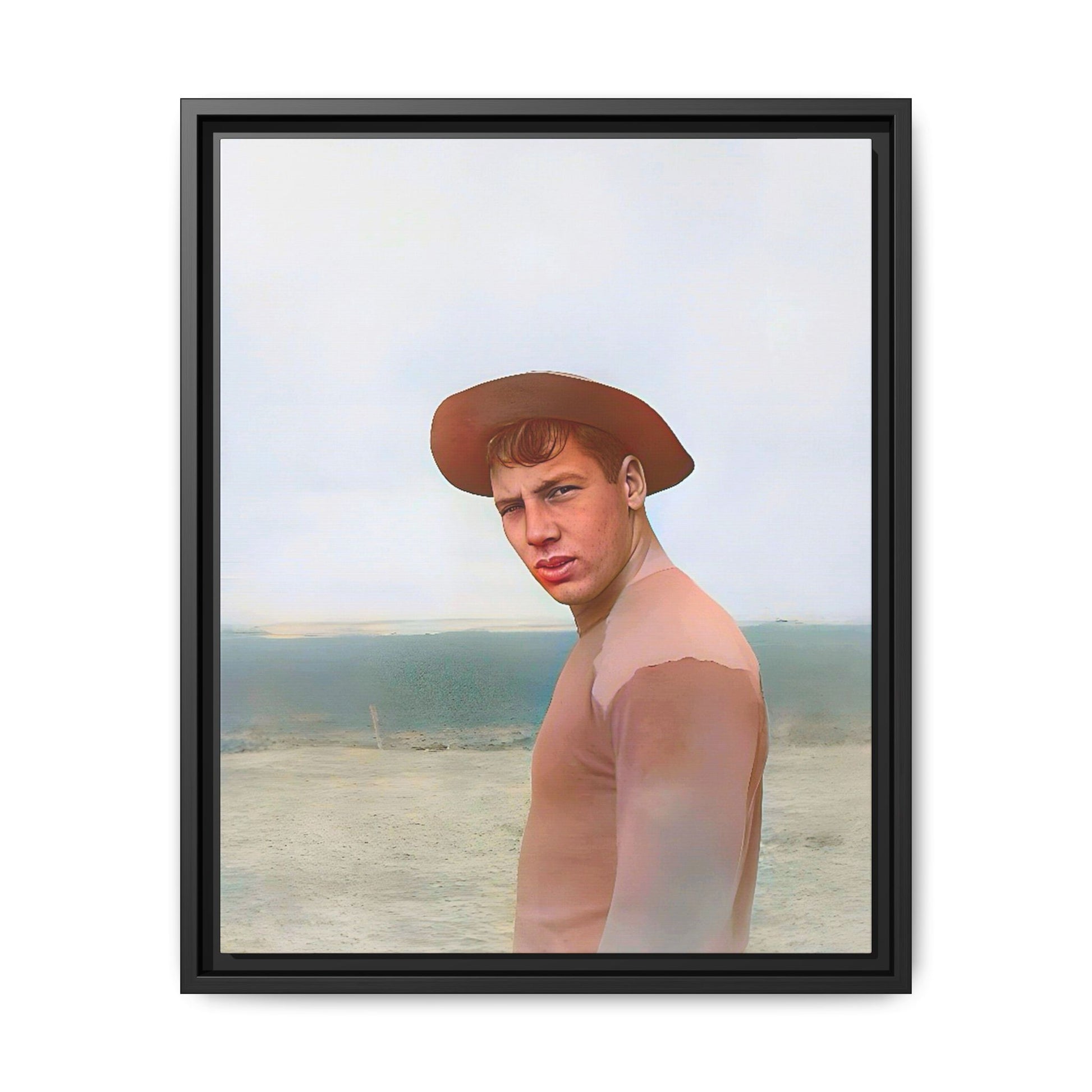 A framed vintage portrait on matte canvas featuring Victor at Cannon Beach, Oregon, capturing the rugged beauty of coastal life.