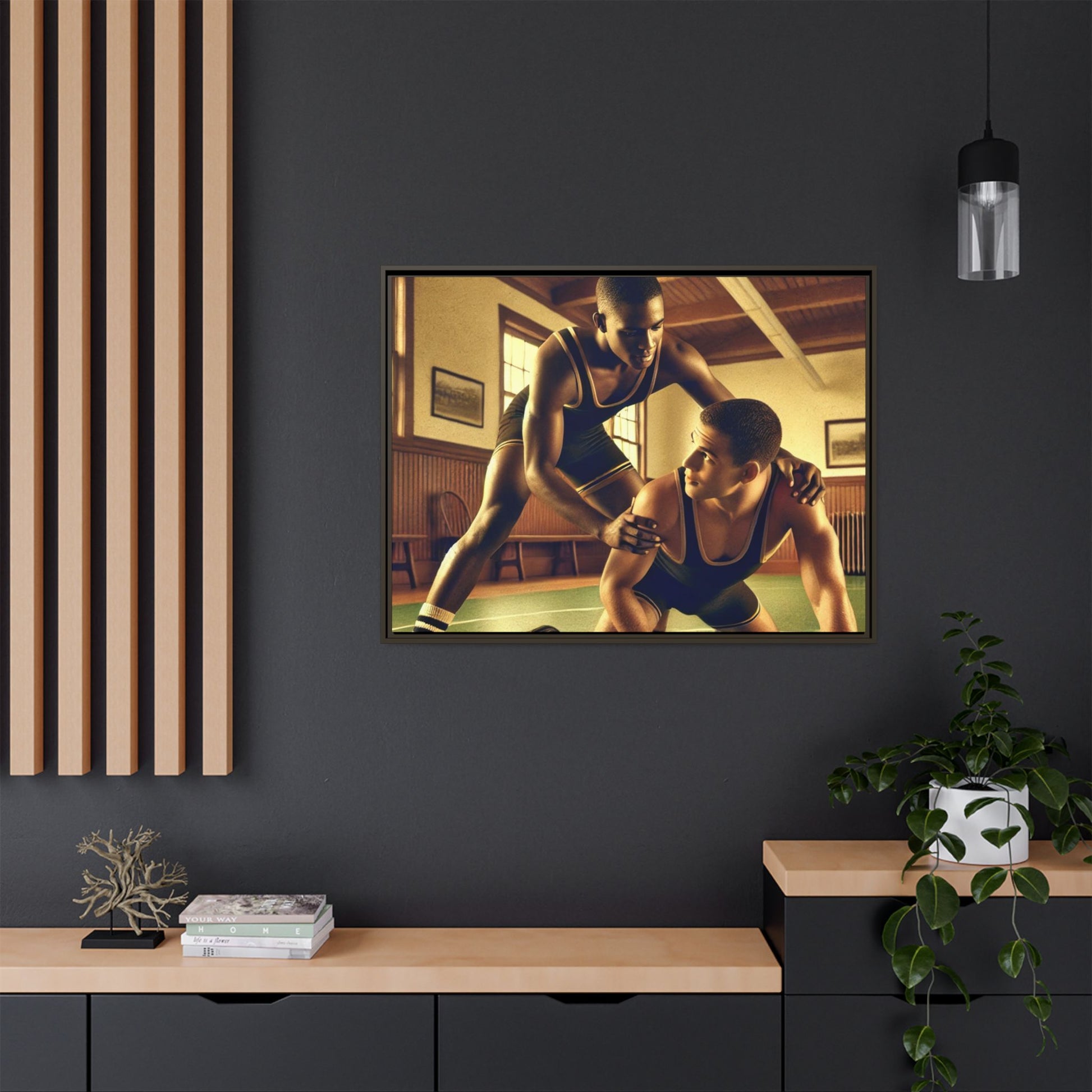 Framed canvas artwork inspired by Grant Wood featuring African-American and European-American wrestlers in a vintage gymnasium. A tribute to unity, diversity, and regionalist art.