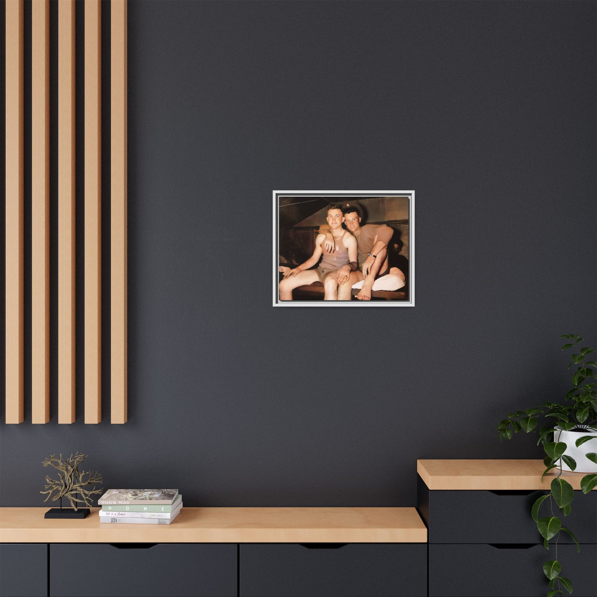 Barracks, Oahu. This framed canvas print honors LGBTQ+ history, military camaraderie, and timeless love, making it a unique and meaningful piece for collectors and history enthusiasts.