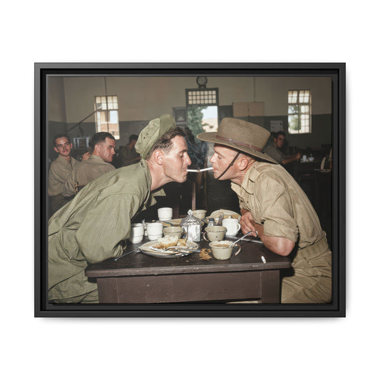 Historical mess hall scene with uniformed figures