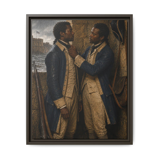 Museum-inspired historical canvas depicting Black Revolutionary War soldiers adjusting a neck stock during a storm.