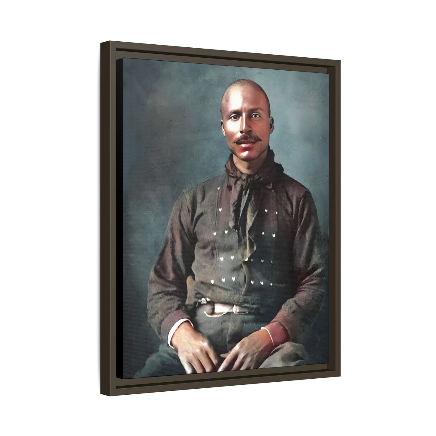 A vintage Western portrait of Jorge, capturing the rugged charm of the Old West in Mesa, Arizona. This framed matte canvas showcases resilience and classic cowboy style, perfect for rustic, Western, or Americana-inspired decor. Hispanic Latino