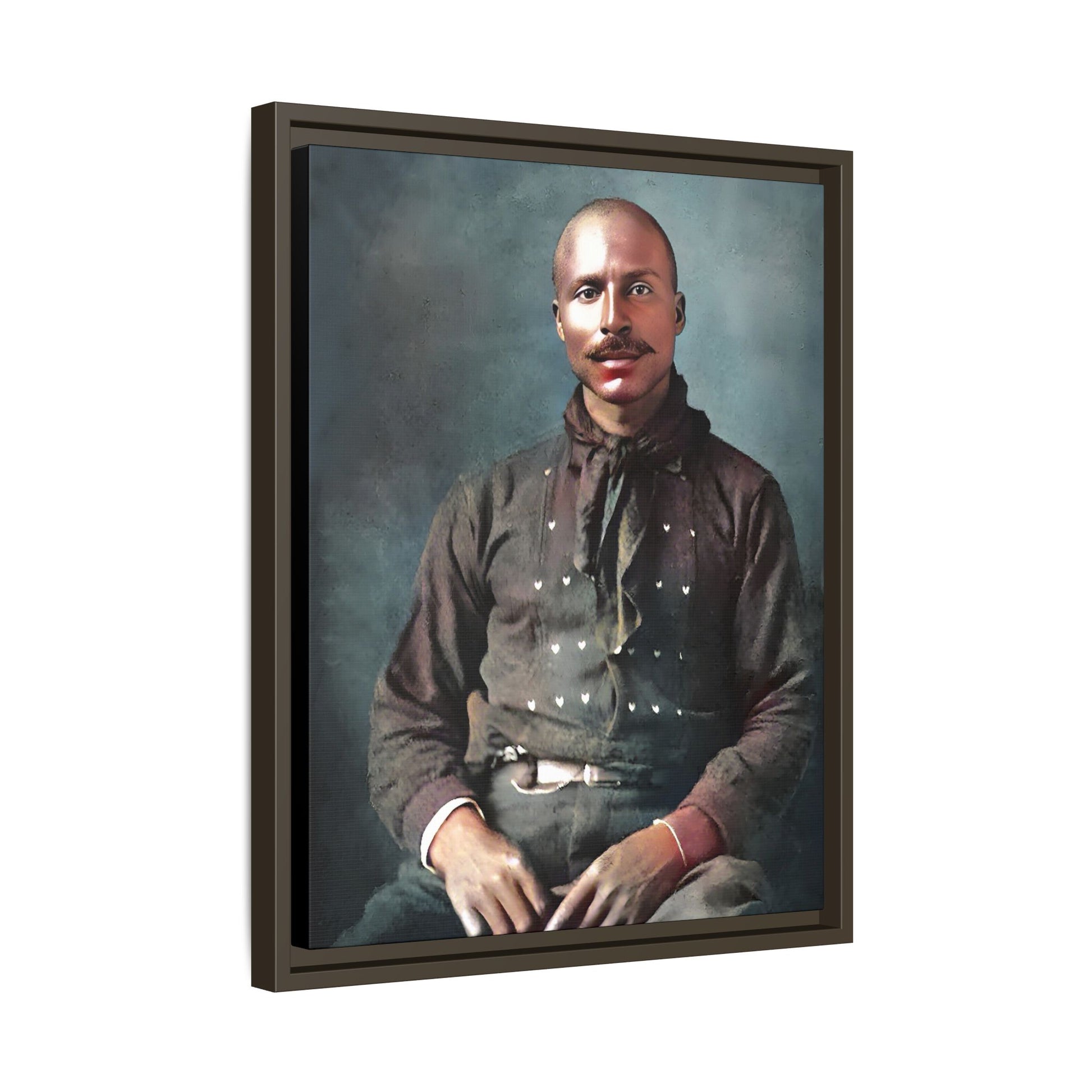 A vintage Western portrait of Jorge, capturing the rugged charm of the Old West in Mesa, Arizona. This framed matte canvas showcases resilience and classic cowboy style, perfect for rustic, Western, or Americana-inspired decor. Hispanic Latino