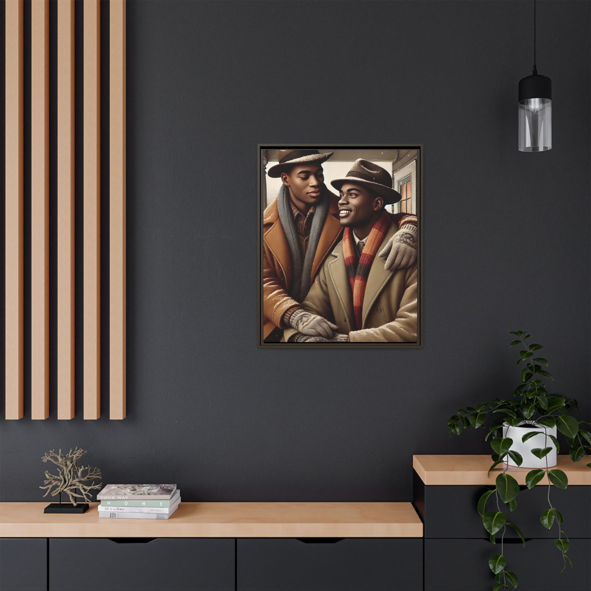 Artwork of an African-American gay couple sharing a cozy winter moment on a porch. Dressed in vintage winter attire with fedoras, scarves, and warm coats, they exchange affectionate gazes amidst softly falling snow, capturing love, warmth, and intimacy in a nostalgic winter setting.